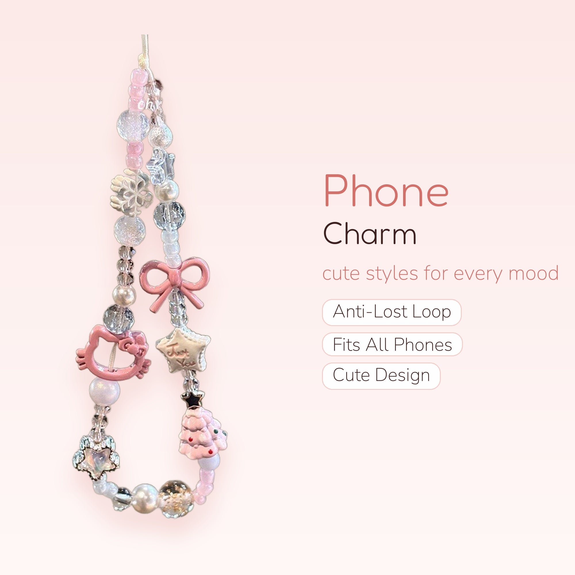 Kawaii Pink & White Beaded Phone Charm | Hello Kitty & Christmas Tree Wrist Strap