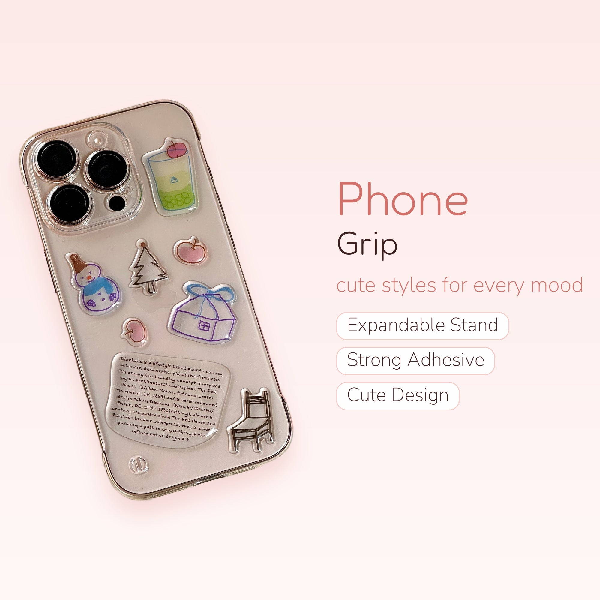 Clear Aesthetic Sticker Phone Grip | Kawaii Bubble Tea & House Pop Socket Stand