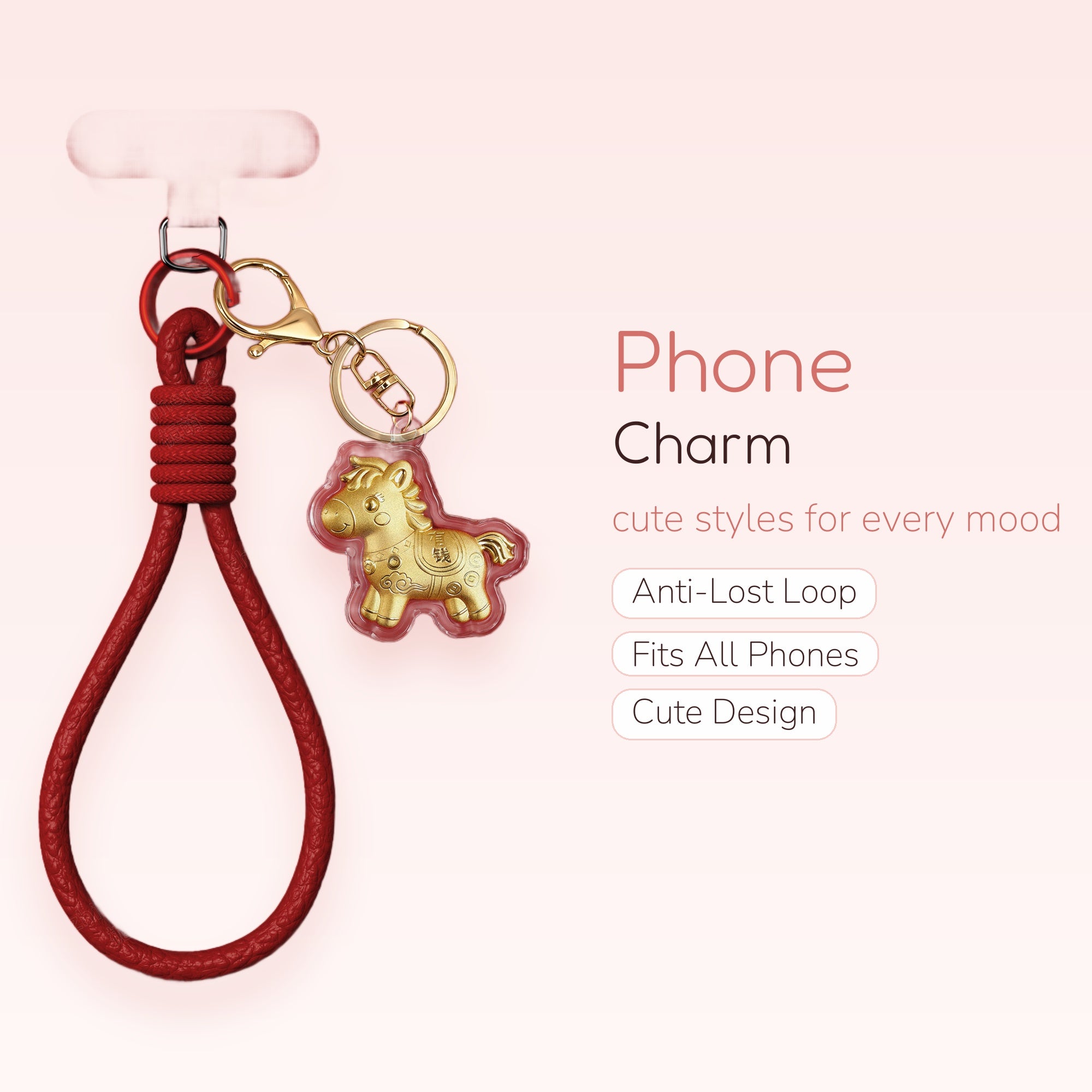 Red Braided Leather Phone Charm Lanyard | Golden Horse Pendant Wrist Strap