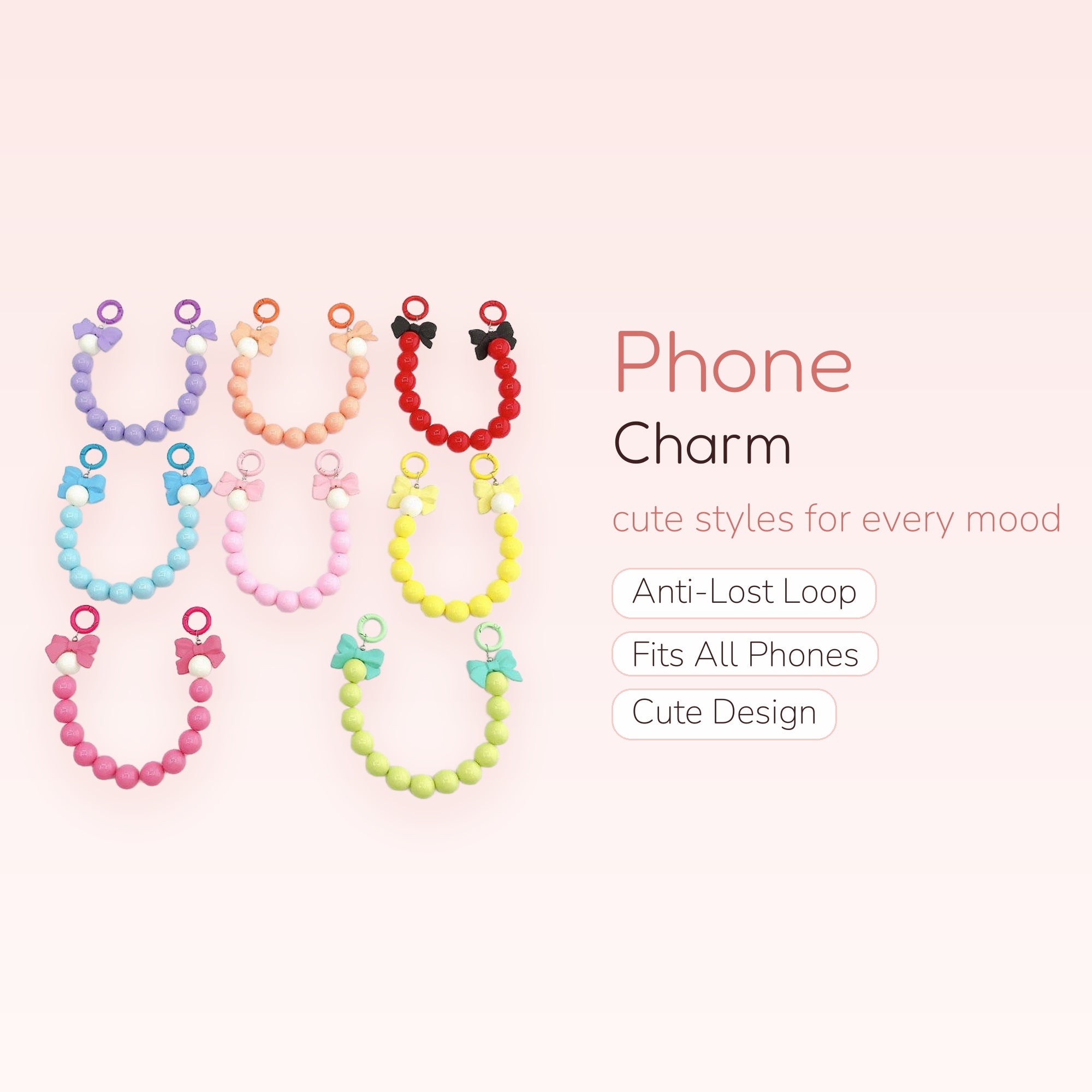 Kawaii Pastel Beaded Phone Charm Straps with Bows | Cute Wrist Lanyards