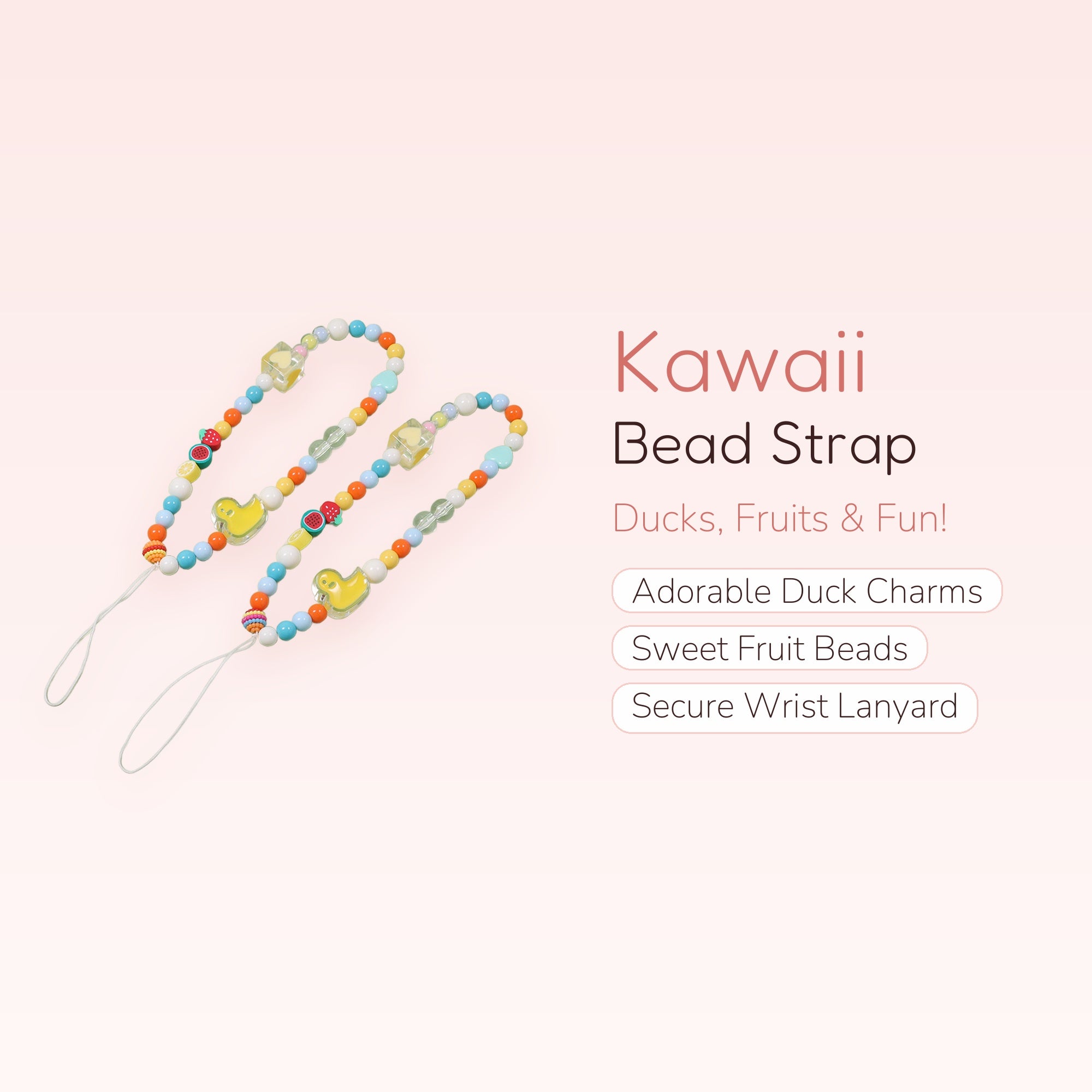 Kawaii Duck & Fruit Phone Charm Strap | Beaded Wrist Lanyard