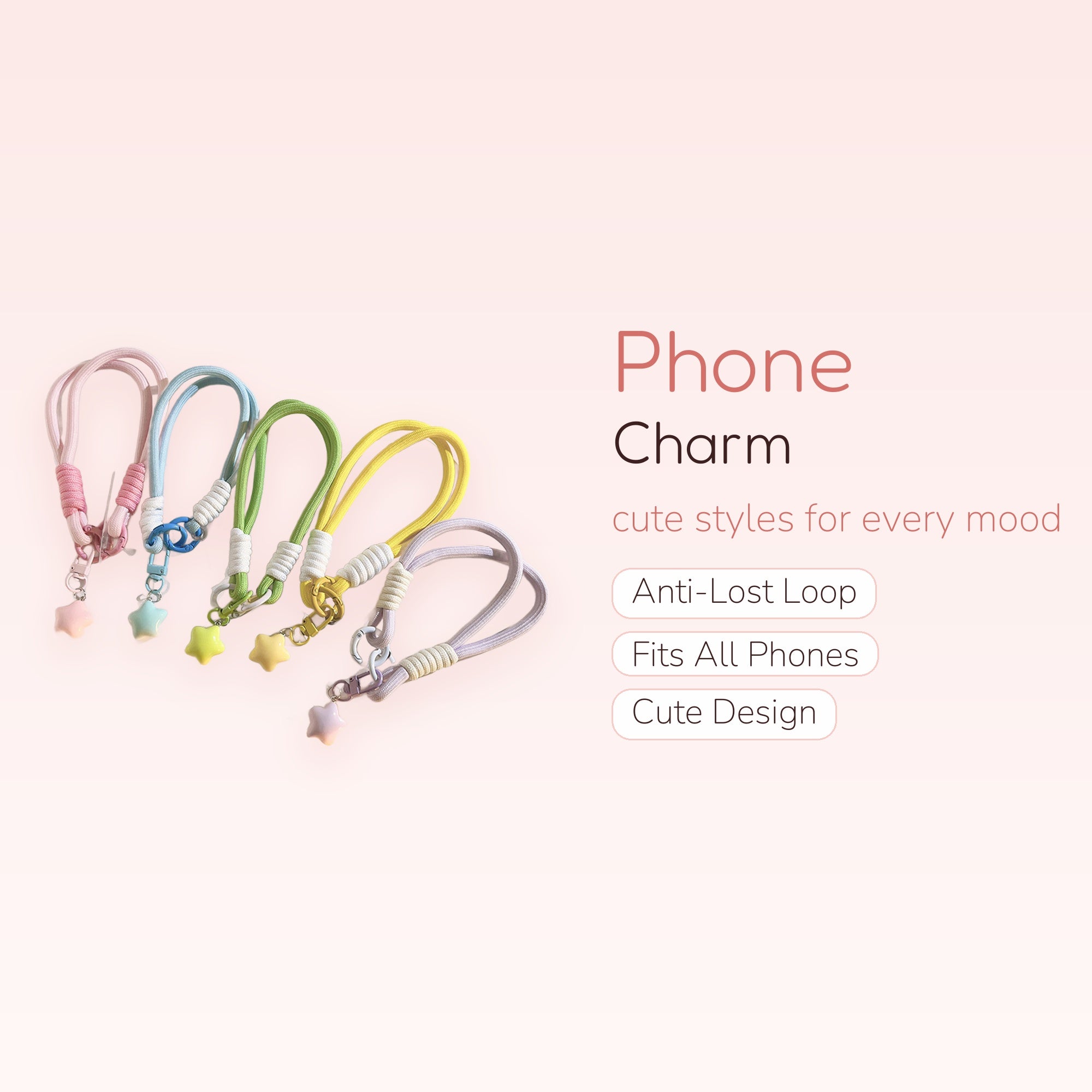 Pastel Star Phone Charm Wrist Strap | Cute Braided Lanyard Keychain