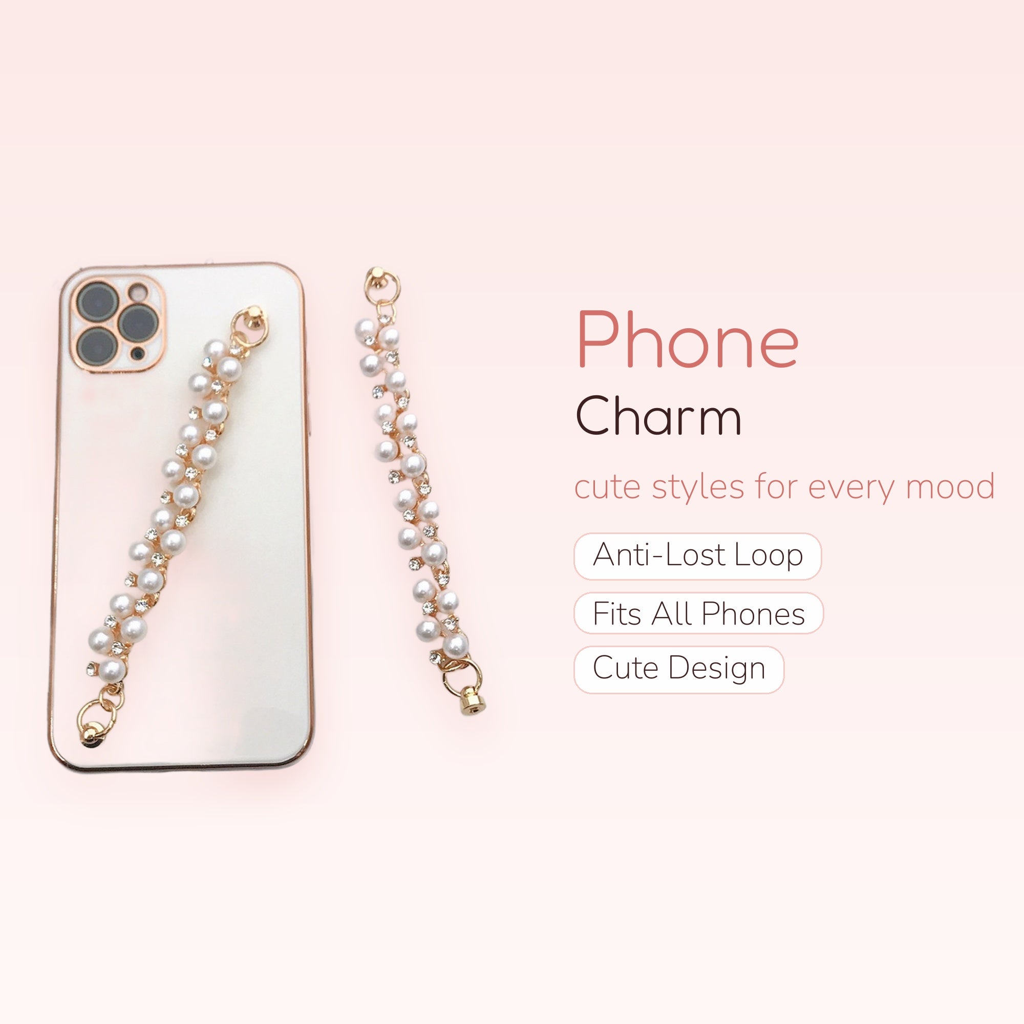 Aesthetic Pearl & Rhinestone Phone Charm Strap | Elegant Gold Beaded Wrist Lanyard