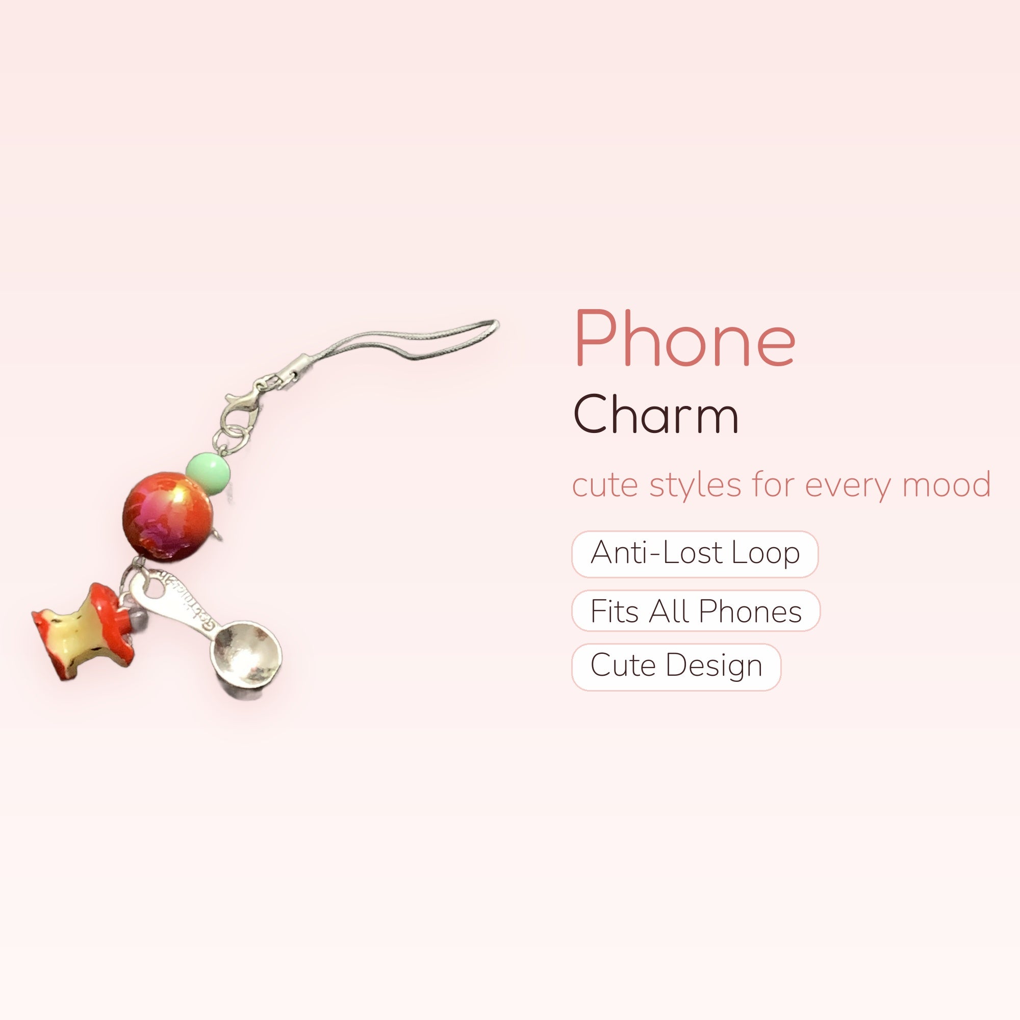Cute Apple Core & Spoon Phone Charm | Aesthetic Red Beaded Strap
