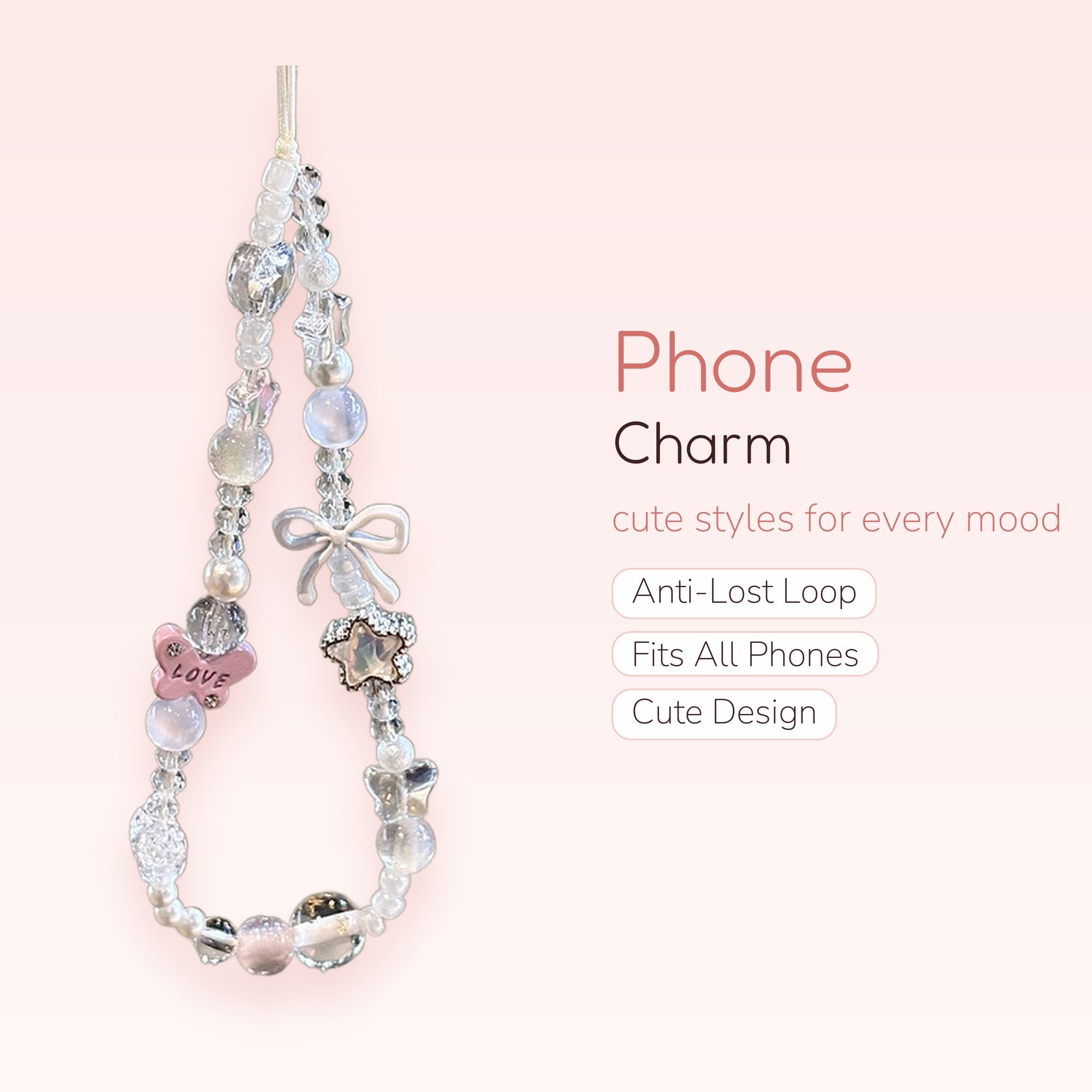 Kawaii Pastel Beaded Phone Charm Strap | Cute Pearl & Butterfly Wrist Lanyard