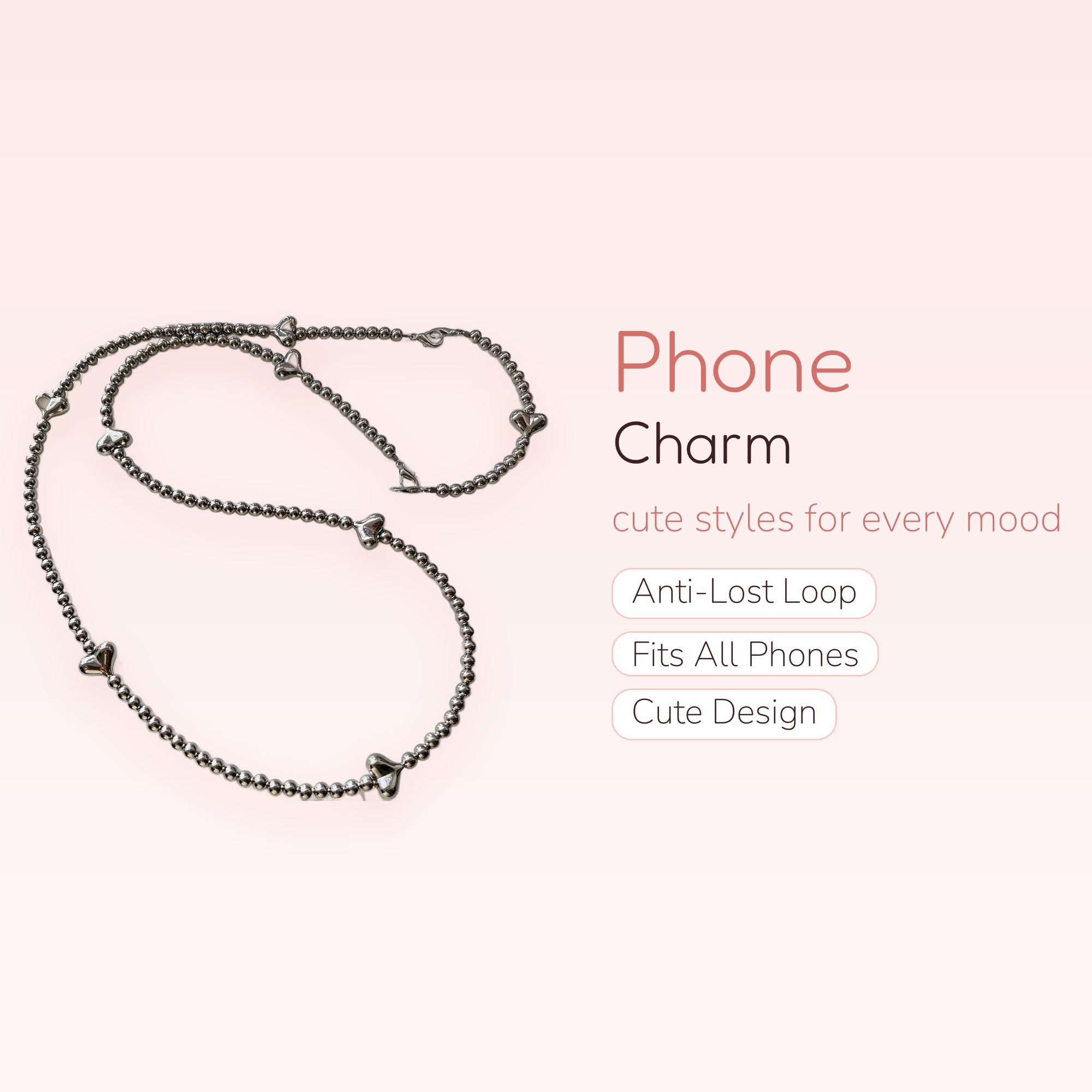 Aesthetic Silver Beaded Heart Phone Charm | Y2K Metallic Wrist Lanyard