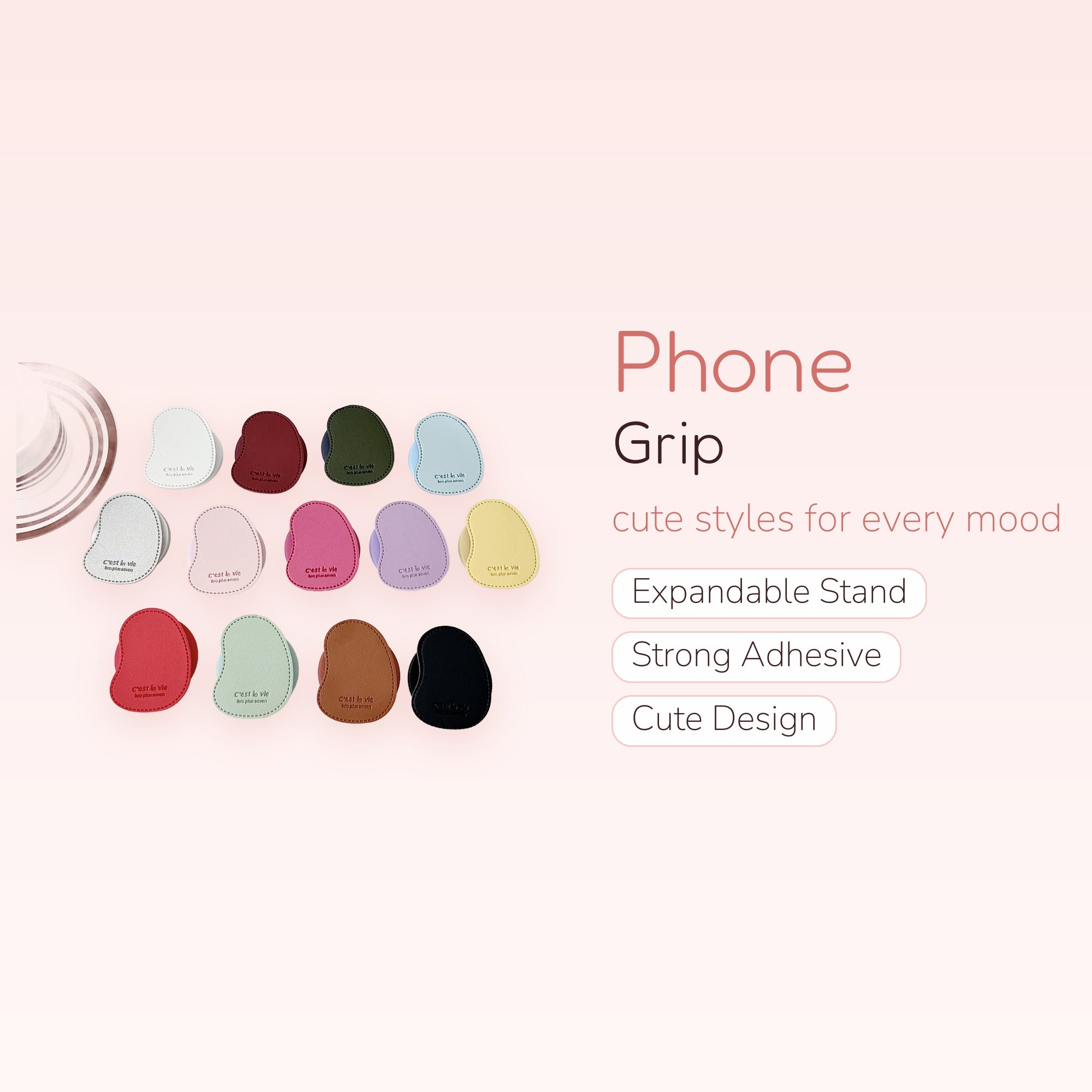 Aesthetic Pebble Leather Phone Grip | Minimalist "C'est la Vie" Pop Socket Stand in Multiple Colors