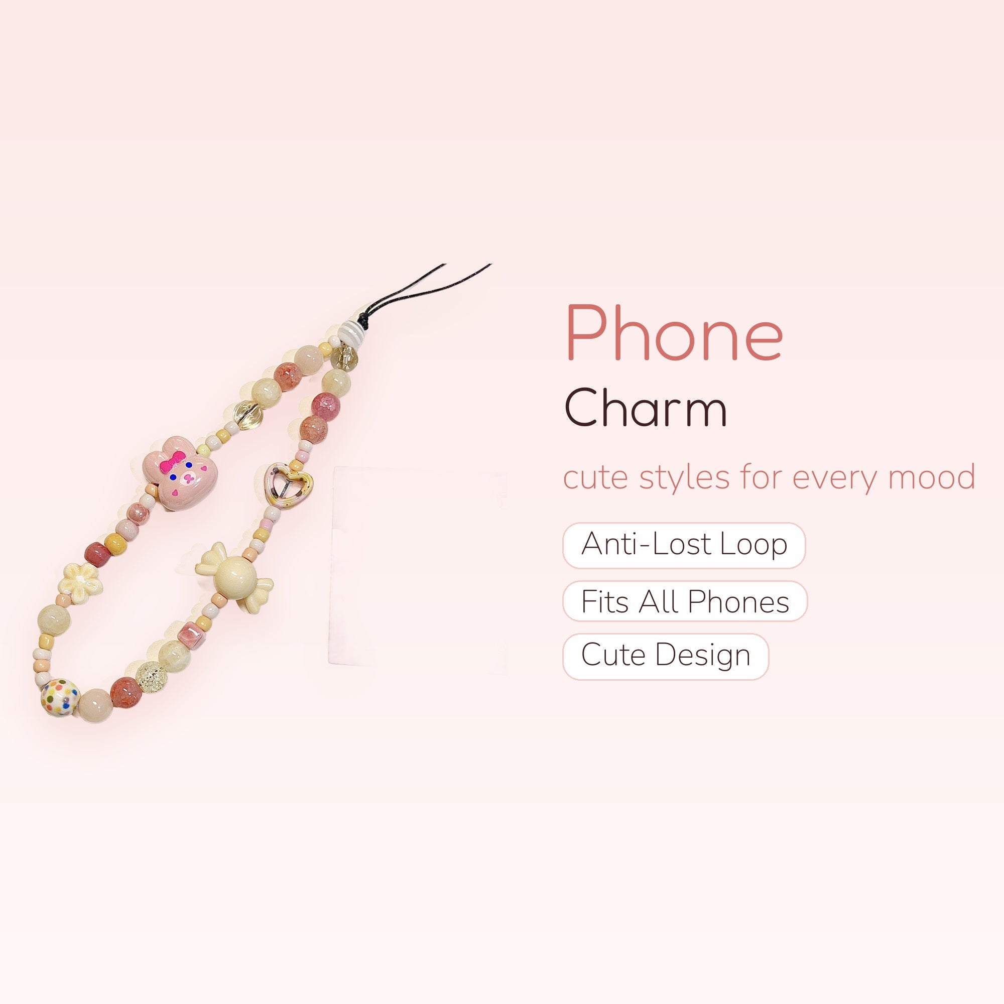 Kawaii Pastel Beaded Phone Charm Strap | Cute Bunny & Candy Wrist Lanyard