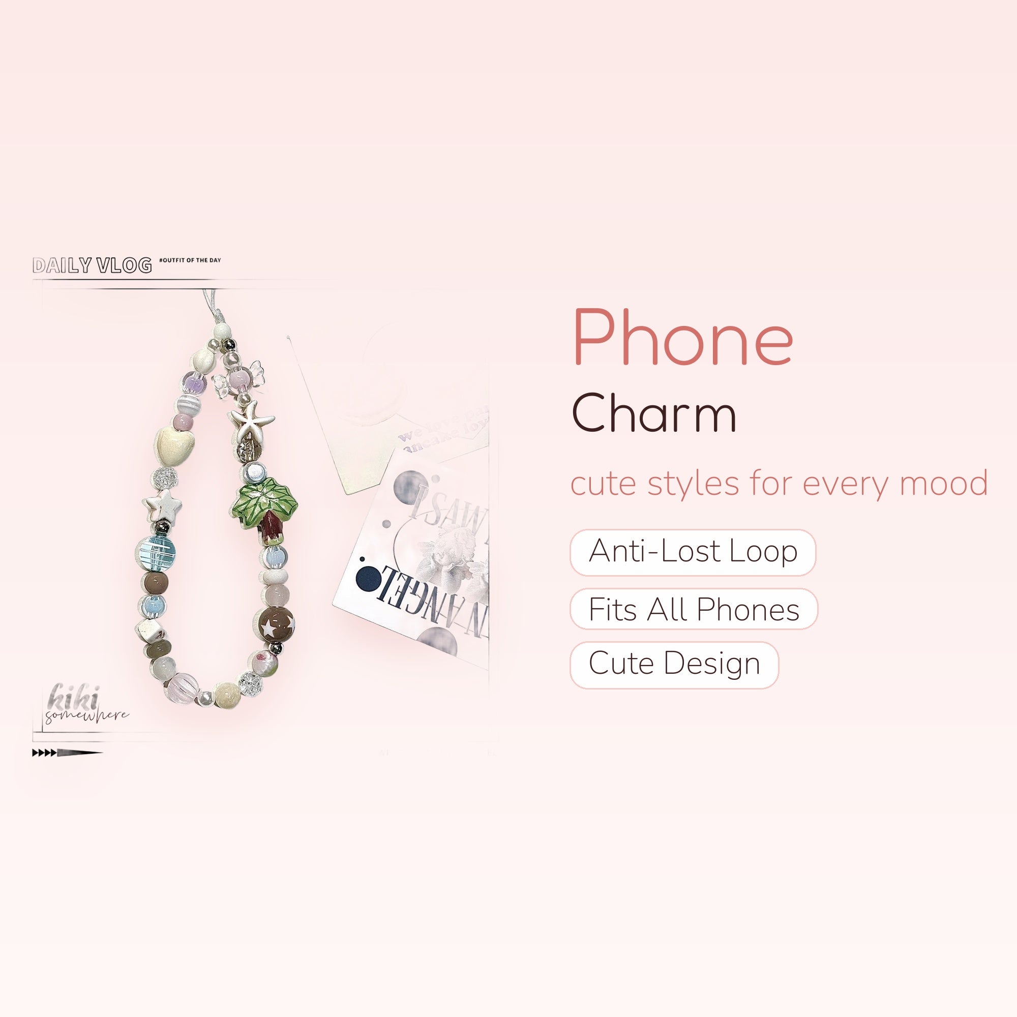 Pastel Beaded Phone Charm Strap | Kawaii Heart Star Mushroom Wrist Lanyard