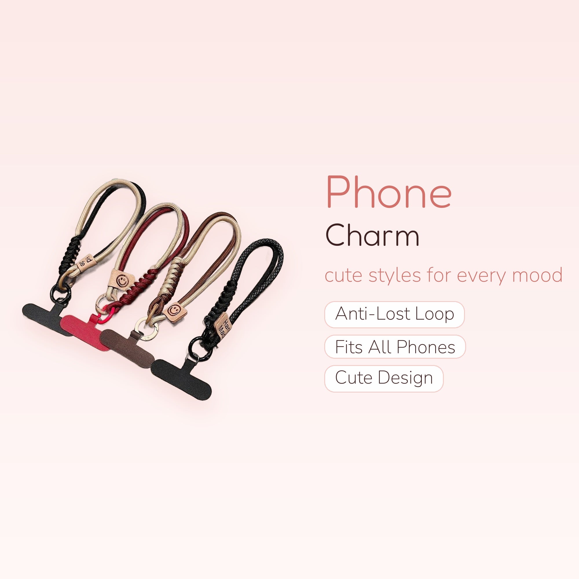 Braided Rope Phone Charm Wrist Strap | Aesthetic Hand-Woven Lanyard with Smiley Face Tag