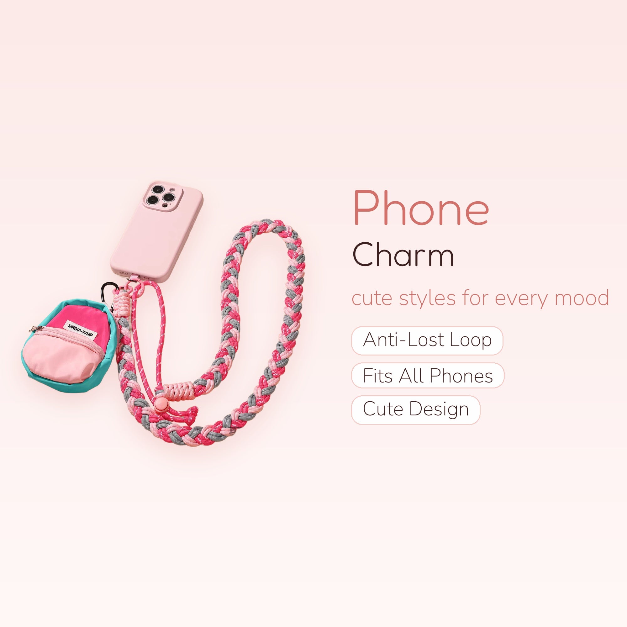 Adjustable Braided Crossbody Phone Lanyard | Pink & Gray Woven Strap with Mini Pouch