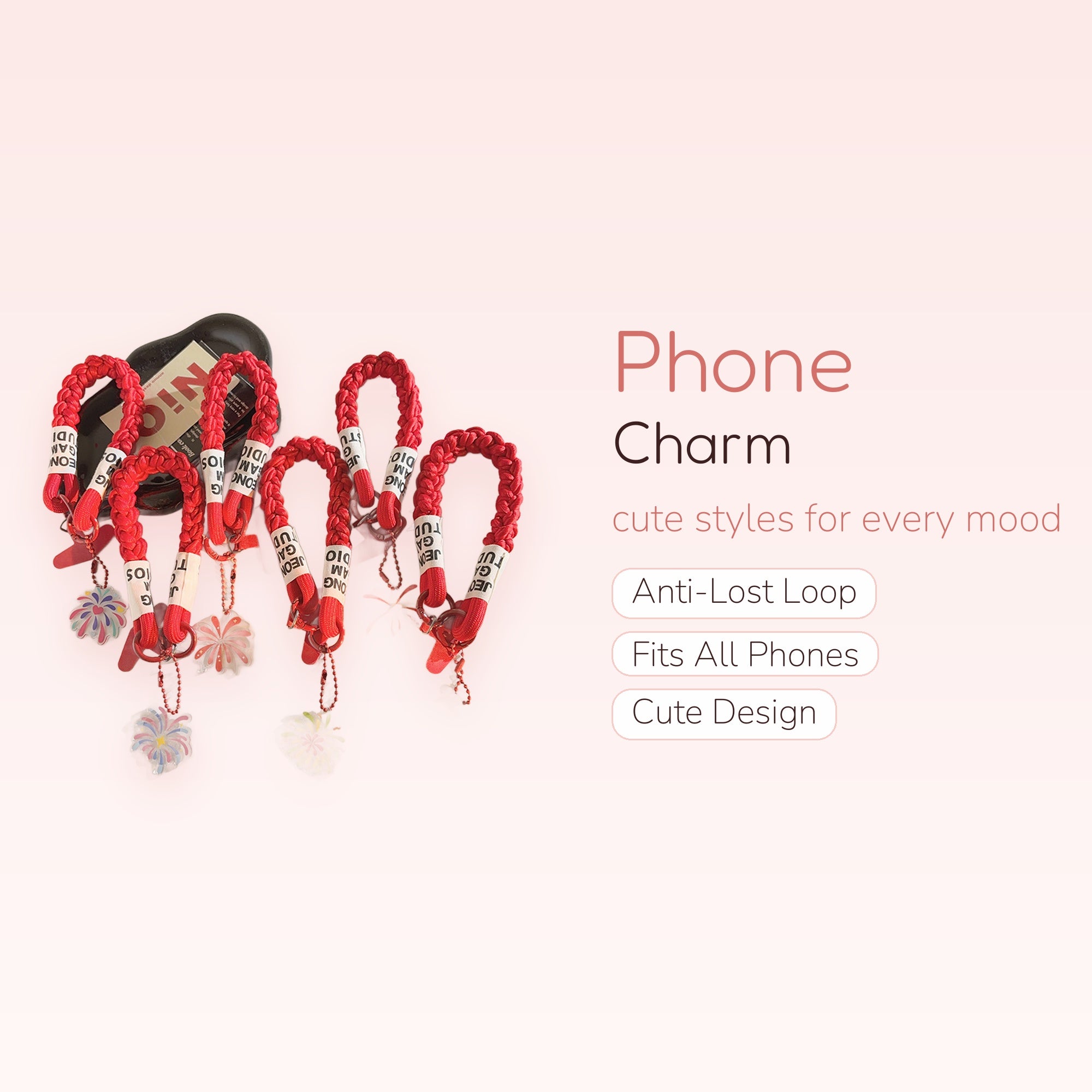Red Braided Wrist Phone Charm Strap | Cute Firework Acrylic Pendant Lanyard