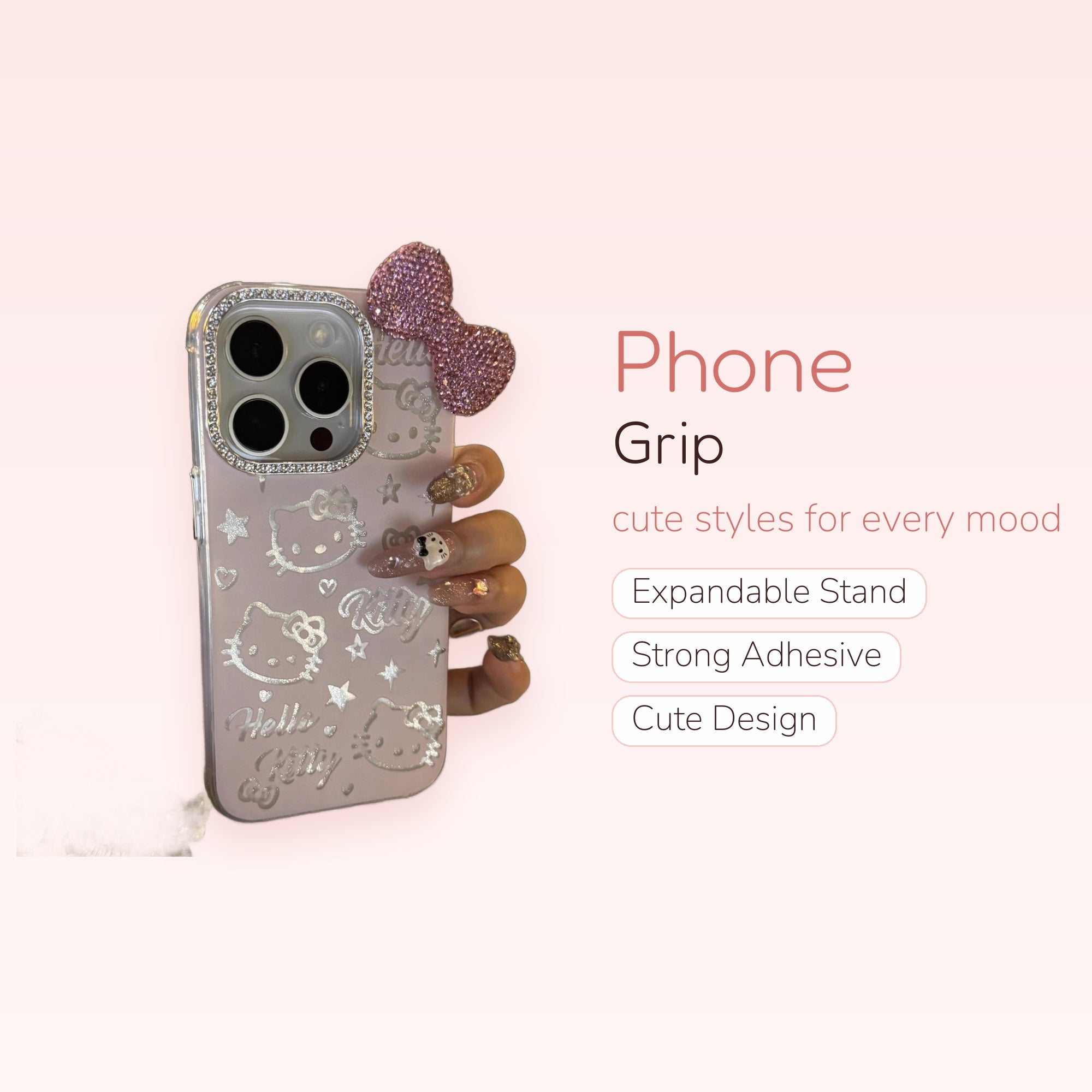 Sparkly Pink Hello Kitty Phone Grip | Rhinestone Bow Pop Socket Stand