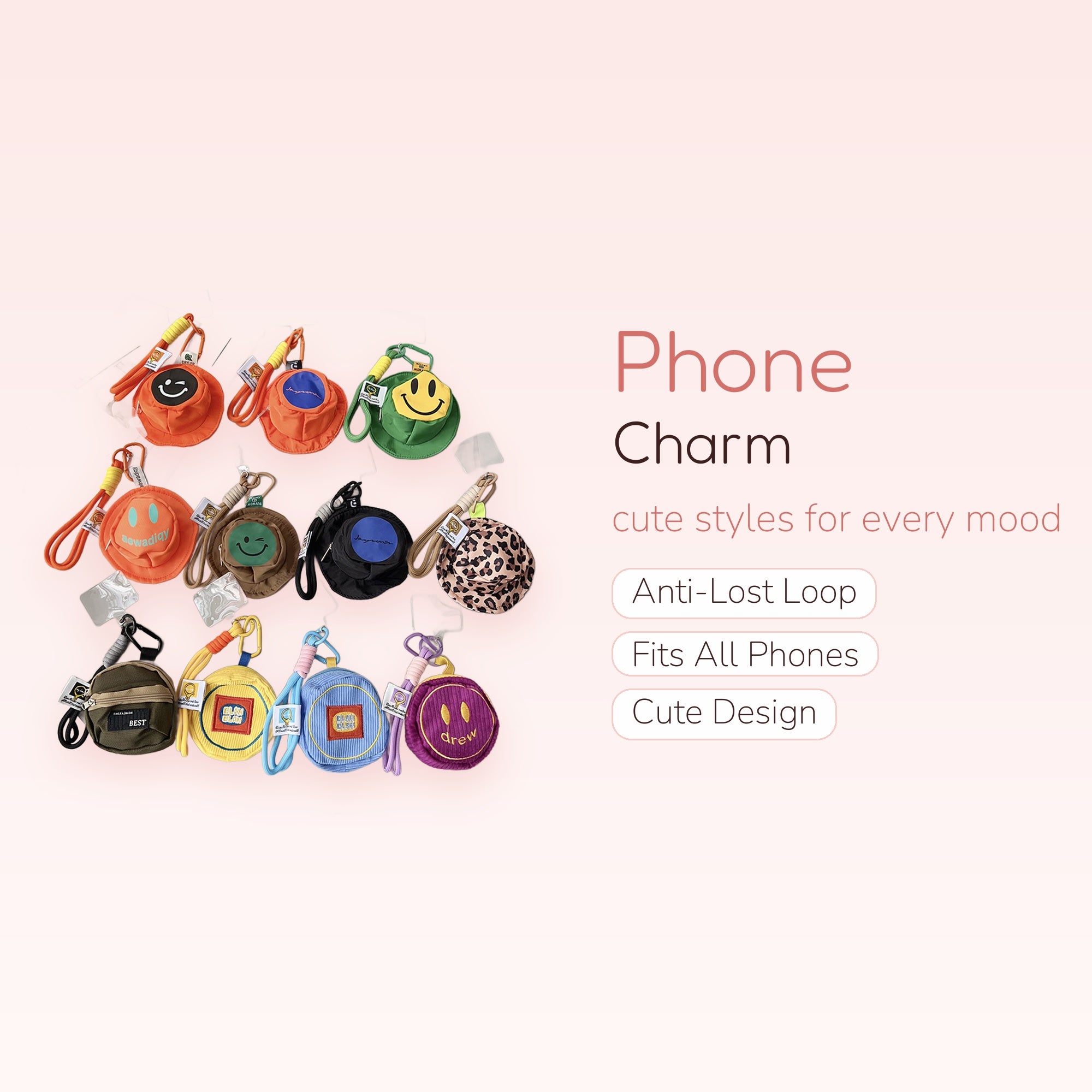 Kawaii Bucket Hat & Mini Bag Phone Charm | Aesthetic Wrist Lanyard Keychain
