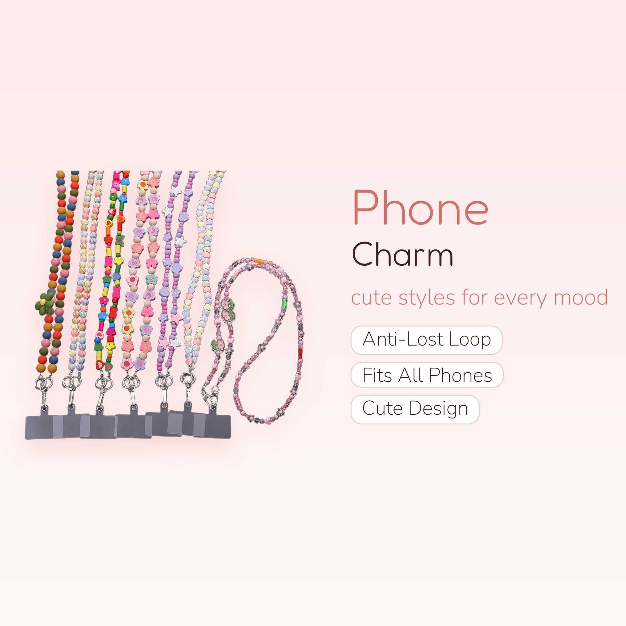 Kawaii Beaded Phone Lanyard Strap | Pastel Floral & Heart Phone Charm