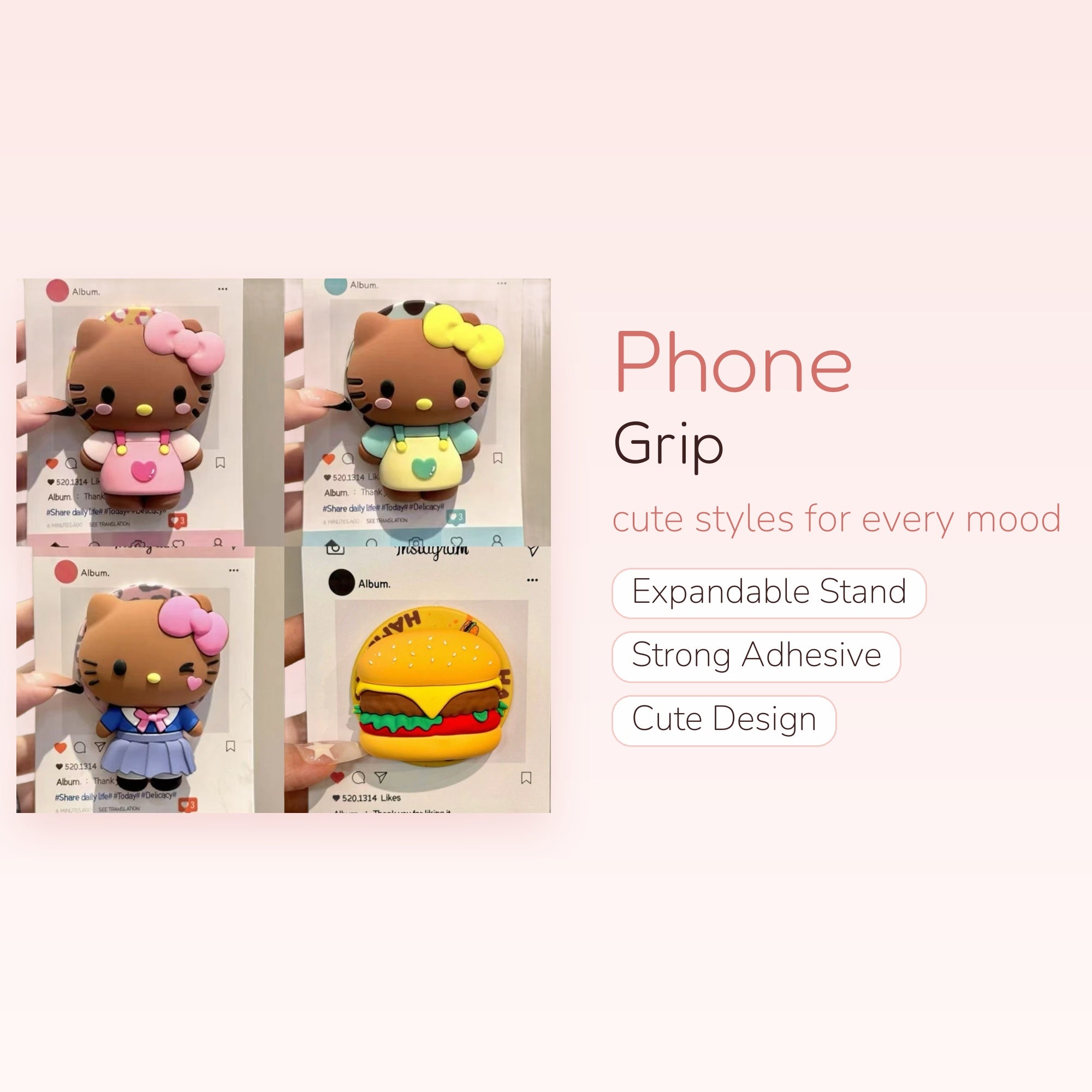 Kawaii Hello Kitty & Burger Phone Grip | Cute Pop Socket Stand for iPhone & Android
