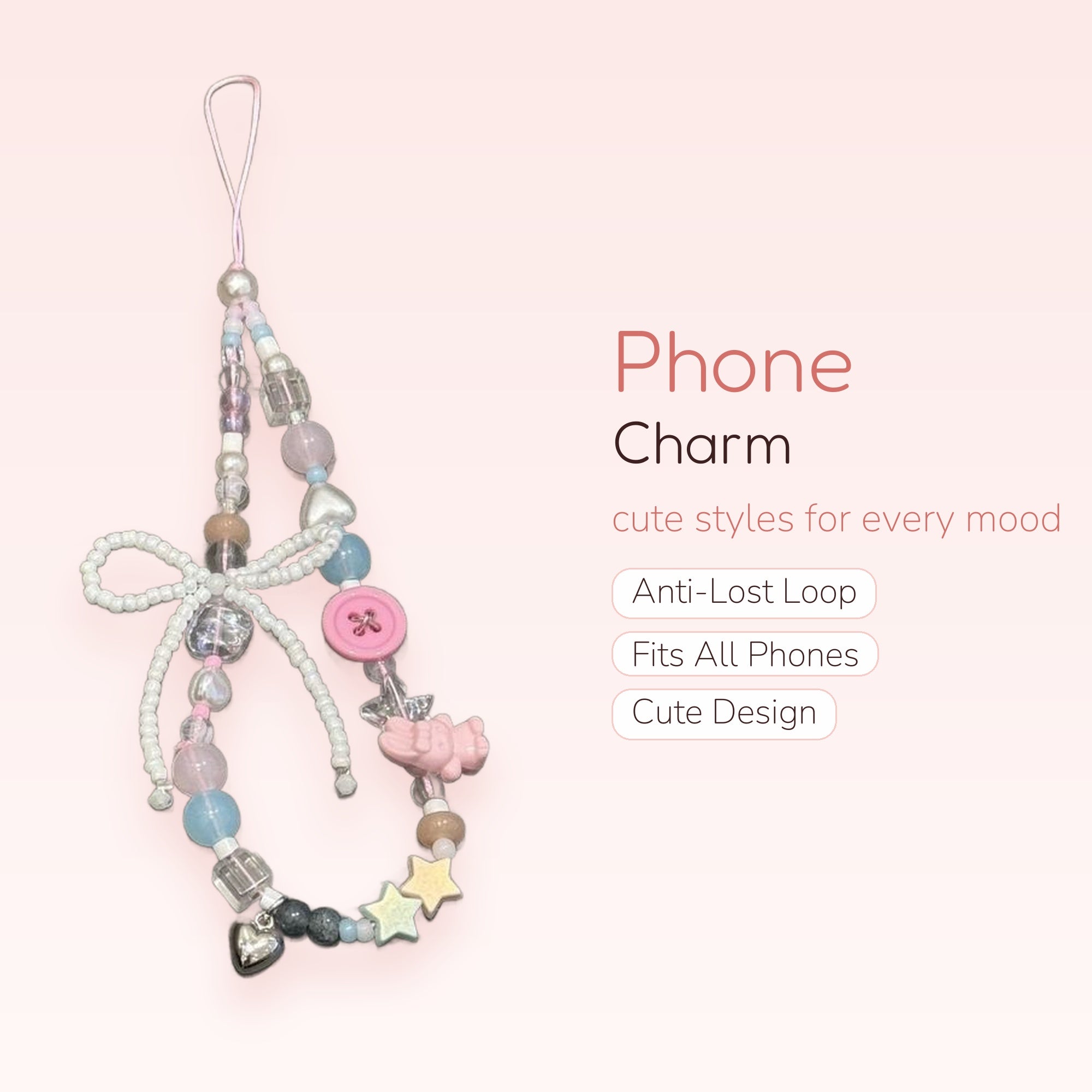 Pastel Beaded Phone Charm Strap with Bow & Stars | Kawaii Y2K Wrist Lanyard
