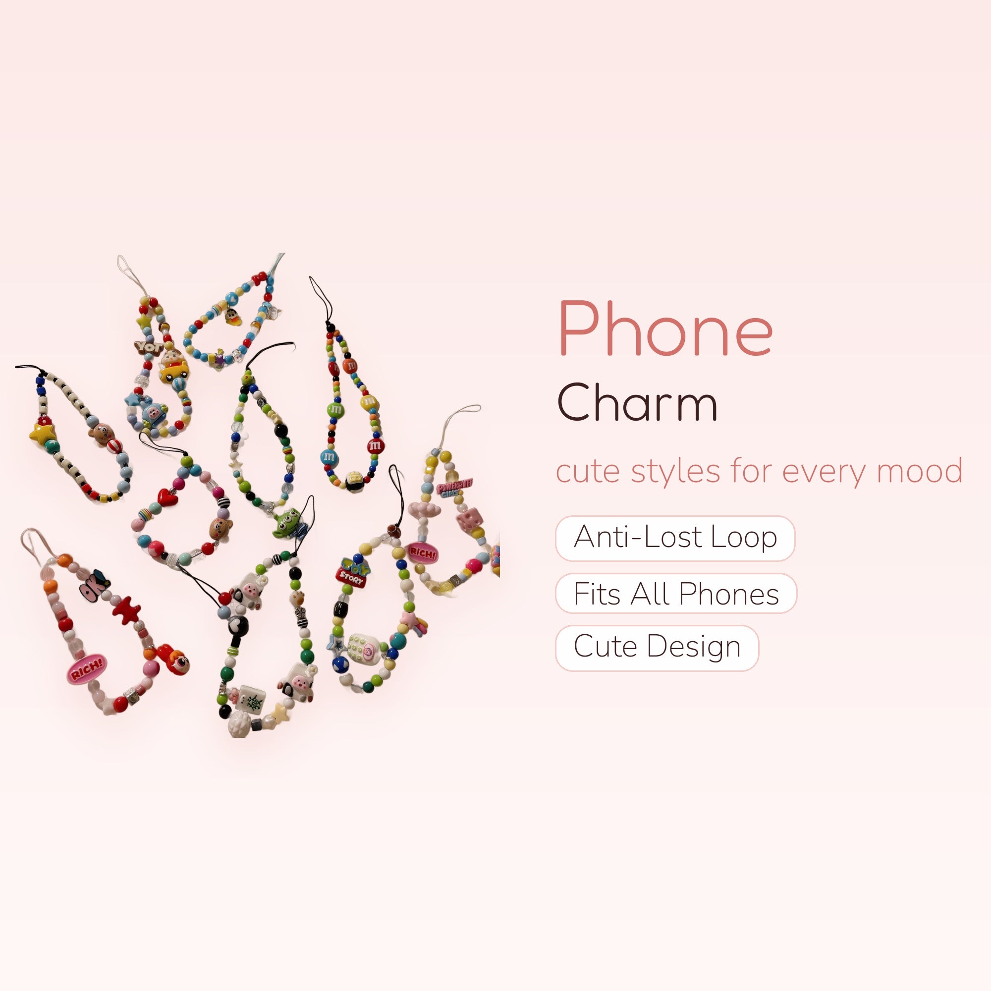 Kawaii Beaded Phone Charm Straps | Y2K Aesthetic Colorful Wrist Lanyards with Charms