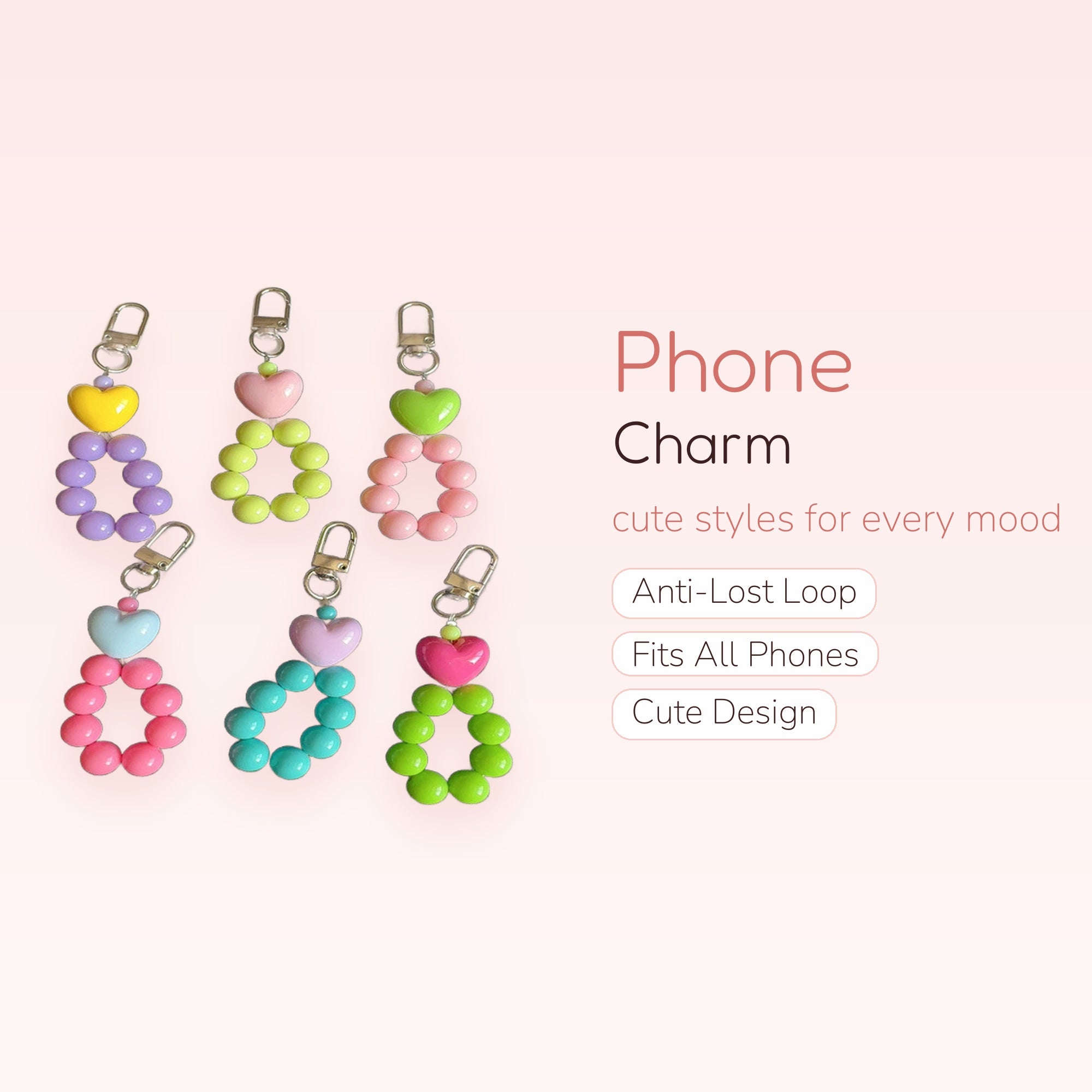 Kawaii Pastel Beaded Heart Phone Charm | Y2K Colorful Beaded Wrist Strap
