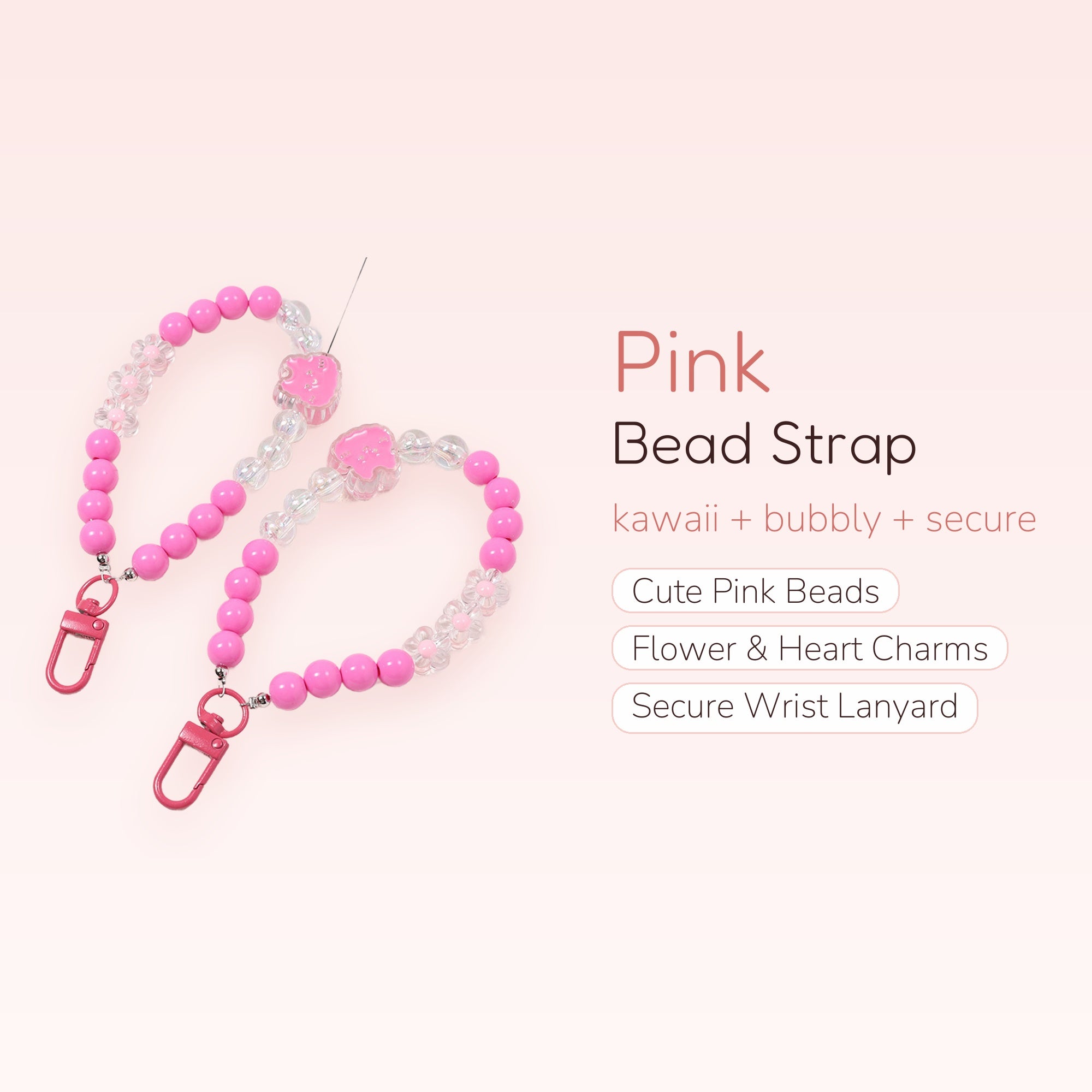 Pink Beaded Phone Charm Strap | Kawaii Wrist Lanyard with Flowers