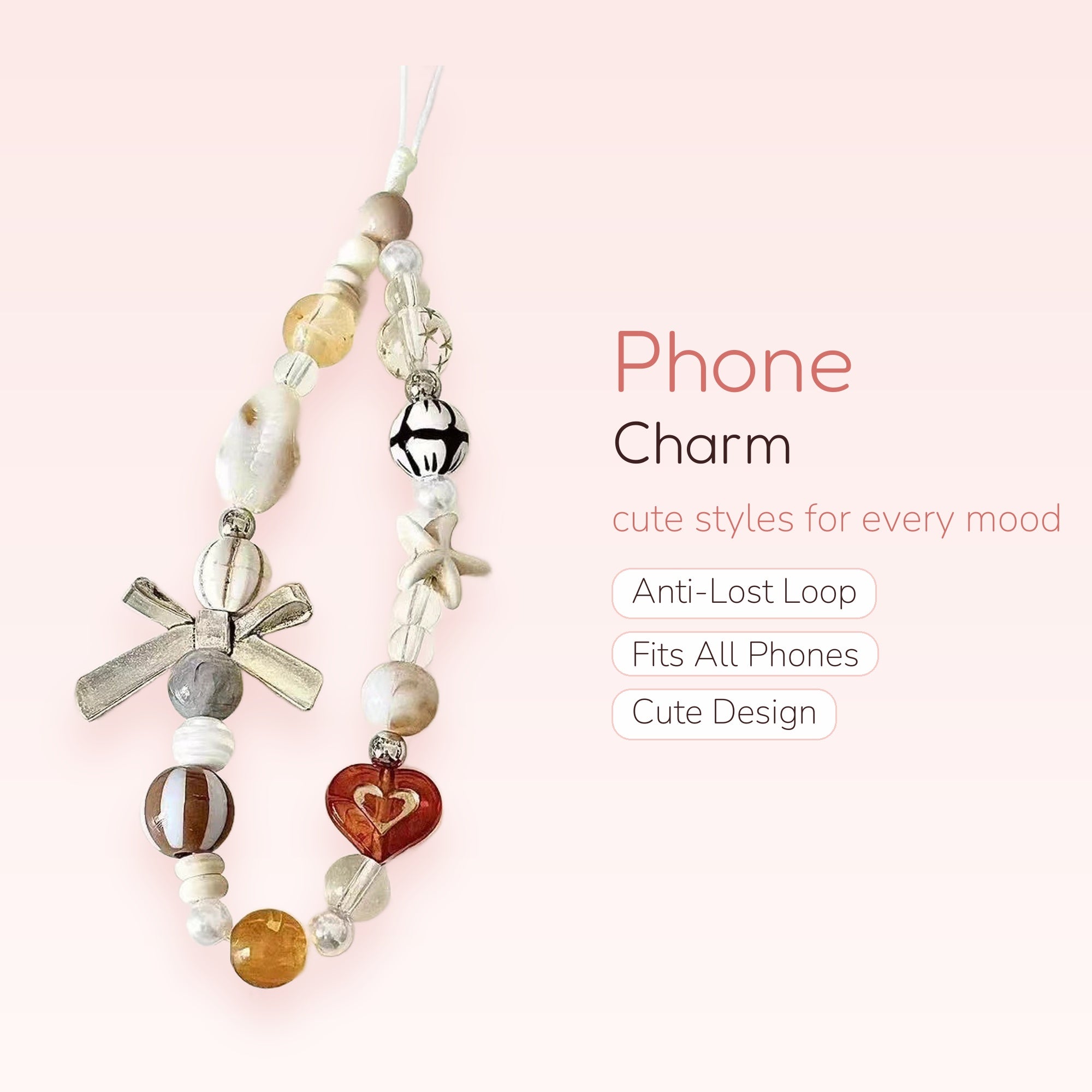 Aesthetic Beaded Phone Charm Strap with Shells & Heart | Neutral Toned Wrist Lanyard