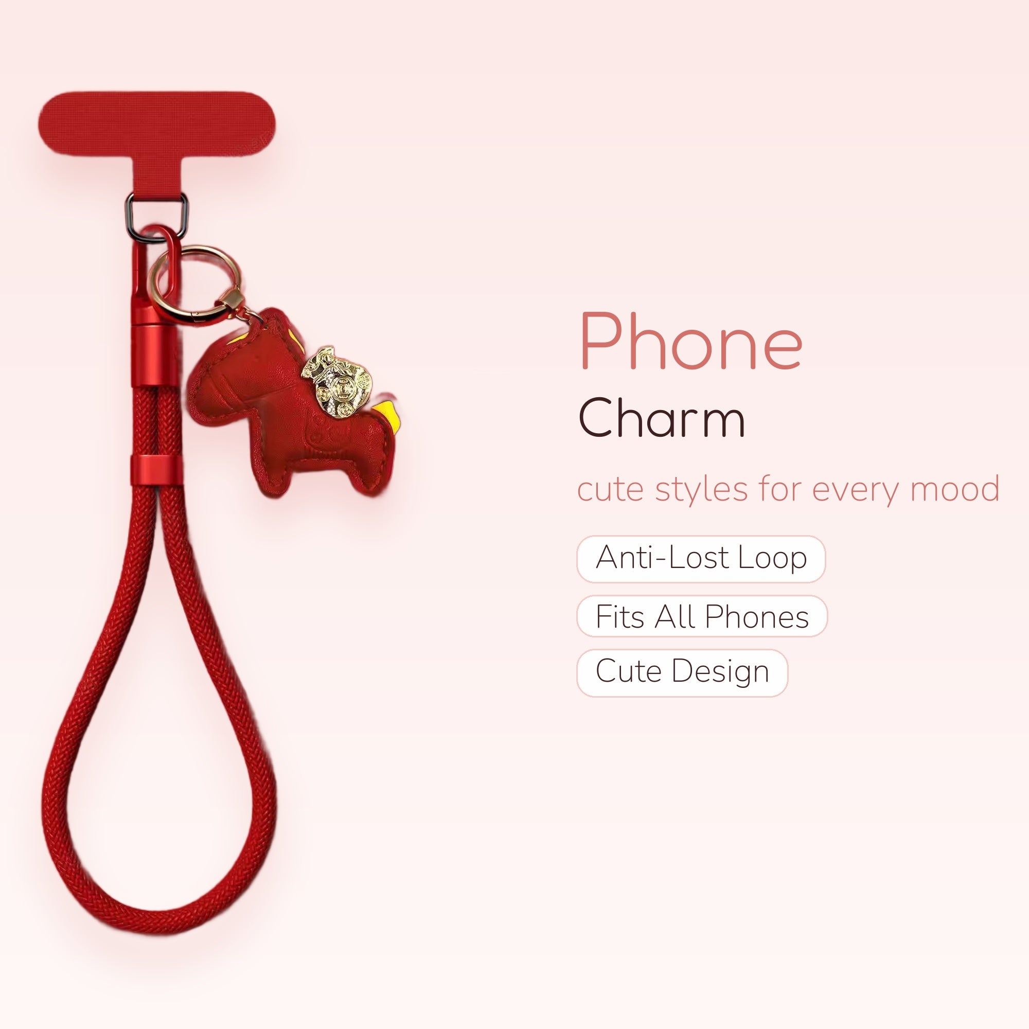 Red Braided Wrist Phone Charm | Cute Horse & Money Bag Lanyard