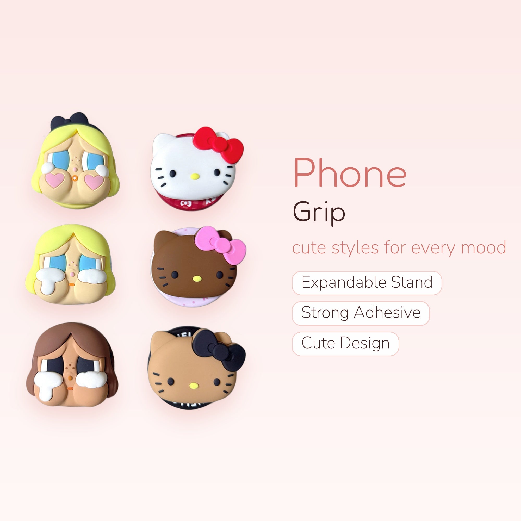 Kawaii Crying Girl & Hello Kitty Phone Grips | Cute Pop Socket Stand