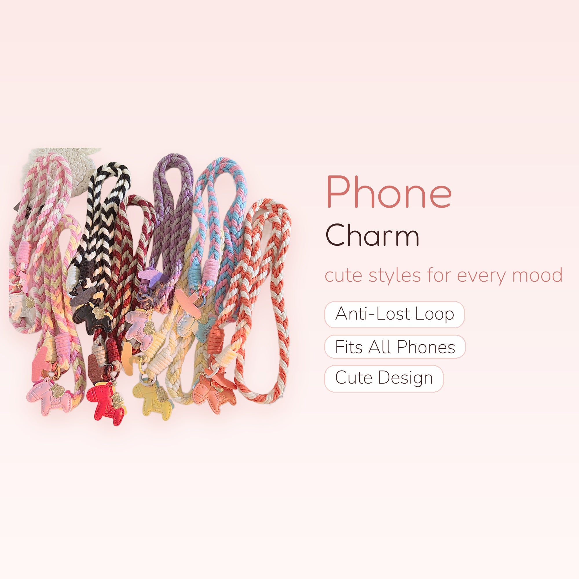 Braided Rope Horse Phone Charm Strap | Kawaii Pastel Wrist Lanyard