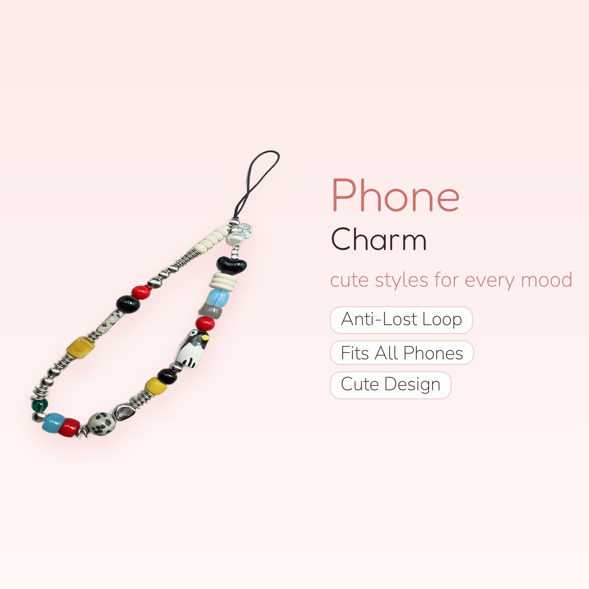 Kawaii Beaded Phone Charm Strap with Penguin & Dalmation Jasper | Y2K Aesthetic Wrist Lanyard