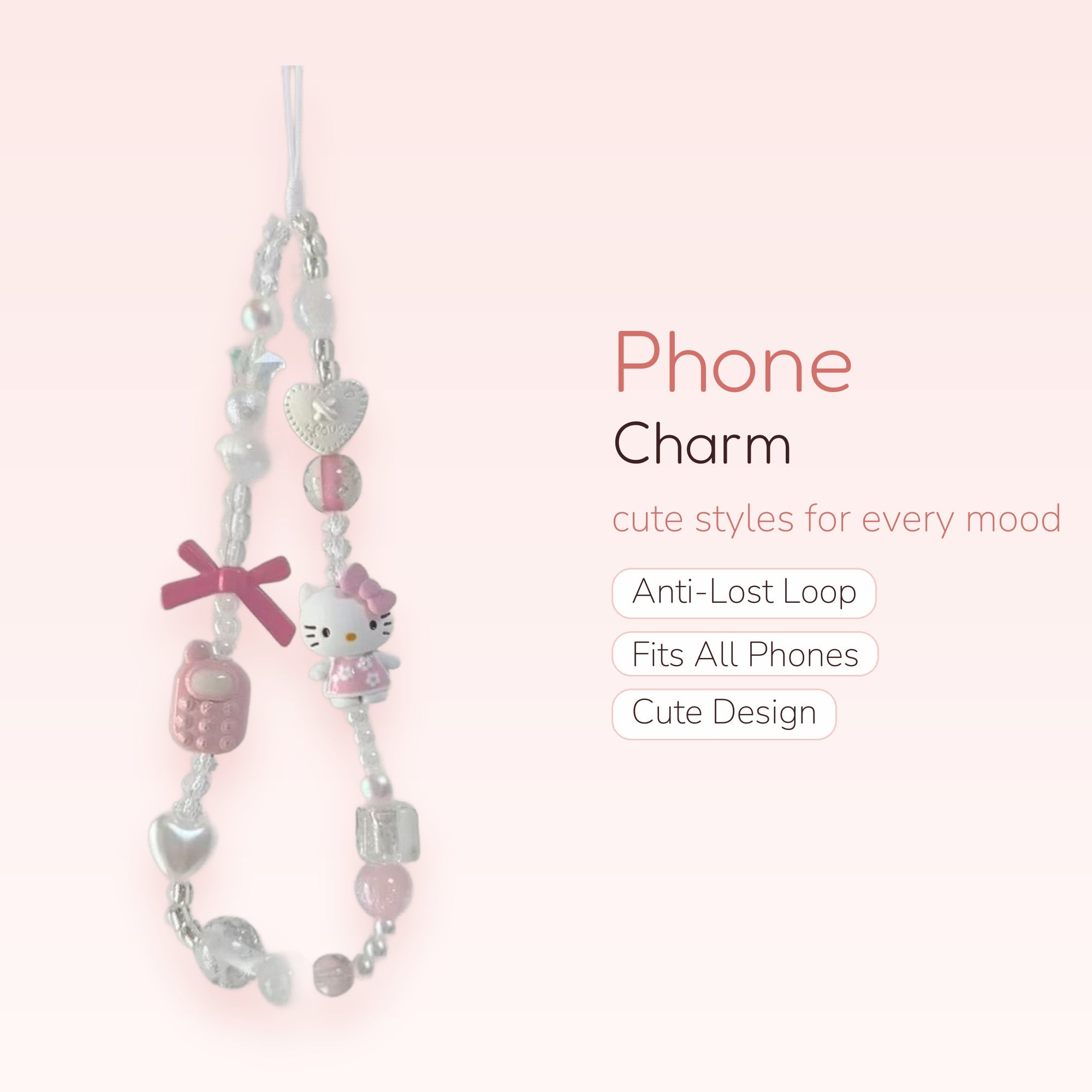 Kawaii Pink Hello Kitty & Bow Phone Charm | Aesthetic Beaded Wrist Strap