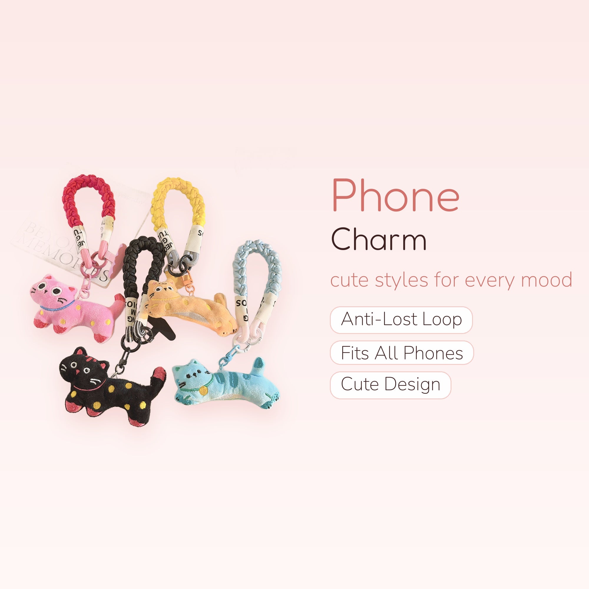 Cute Braided Strap Cat Phone Charm | Kawaii Plush Kitten Wrist Lanyard