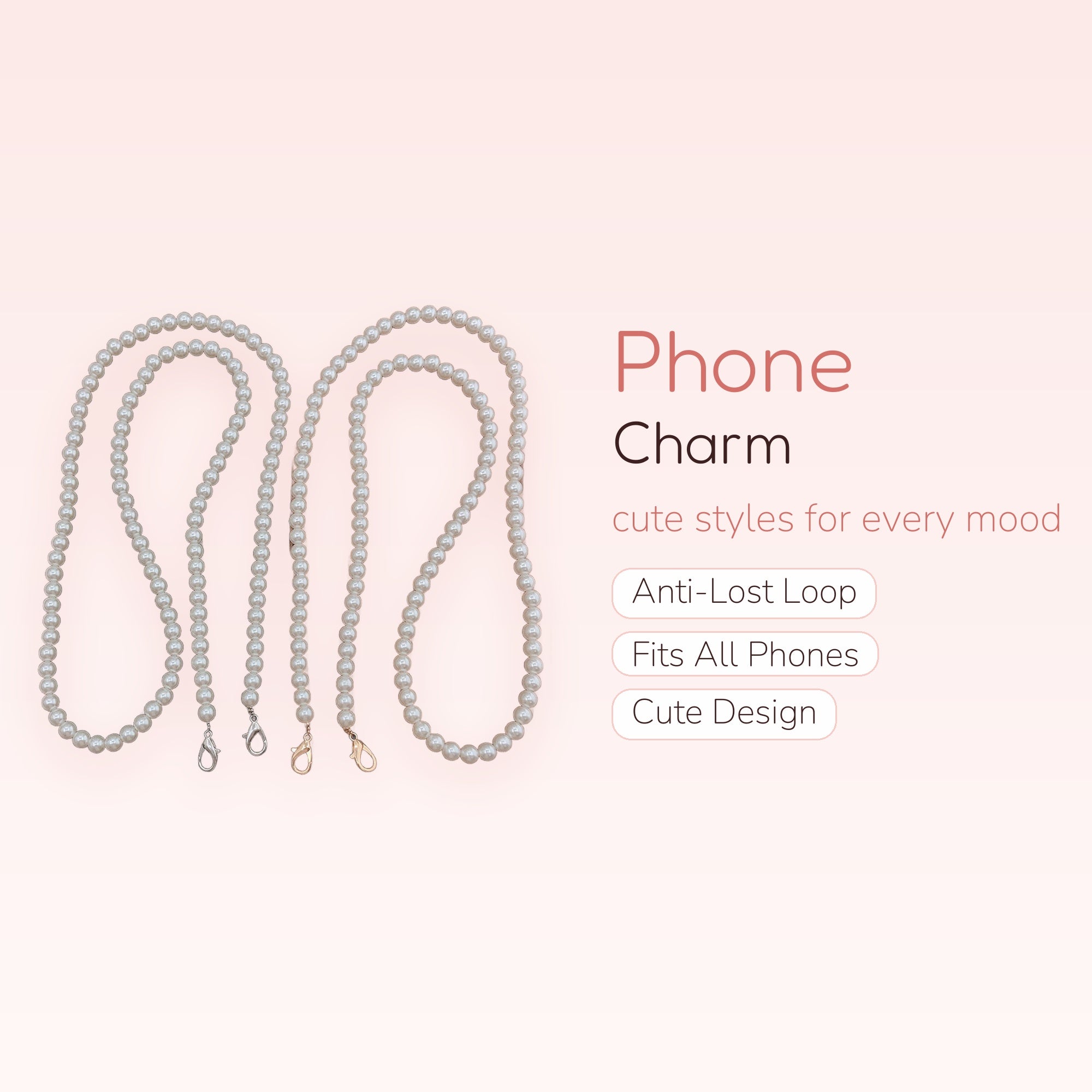 Elegant Pearl Phone Charm Lanyard | Classic Beaded Strap with Gold & Silver Clasps