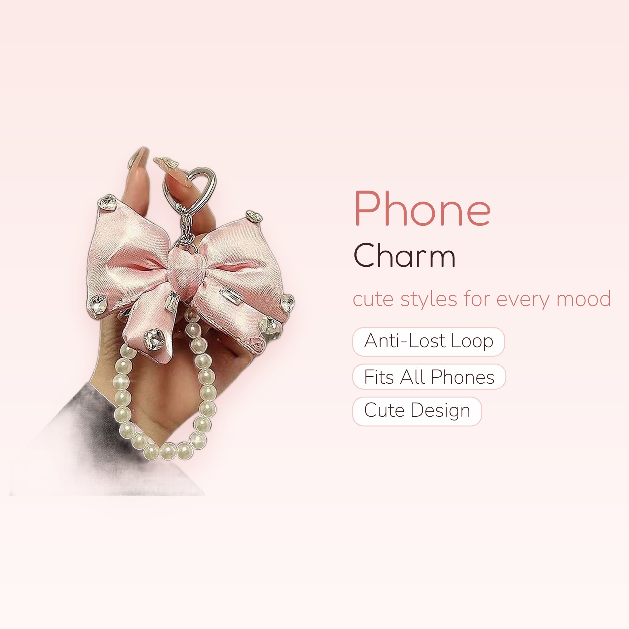 Pink Bow Pearl Phone Charm | Kawaii Rhinestone Wrist Strap