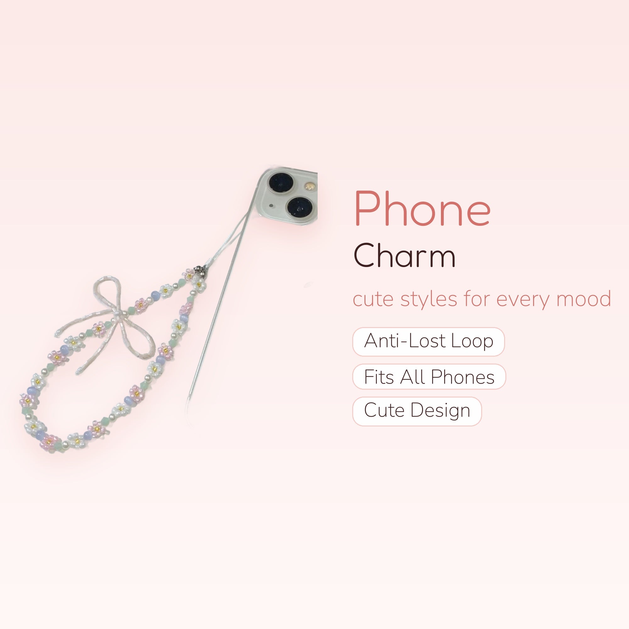 Pastel Beaded Flower & Bow Phone Charm | Kawaii Pearl Wrist Strap