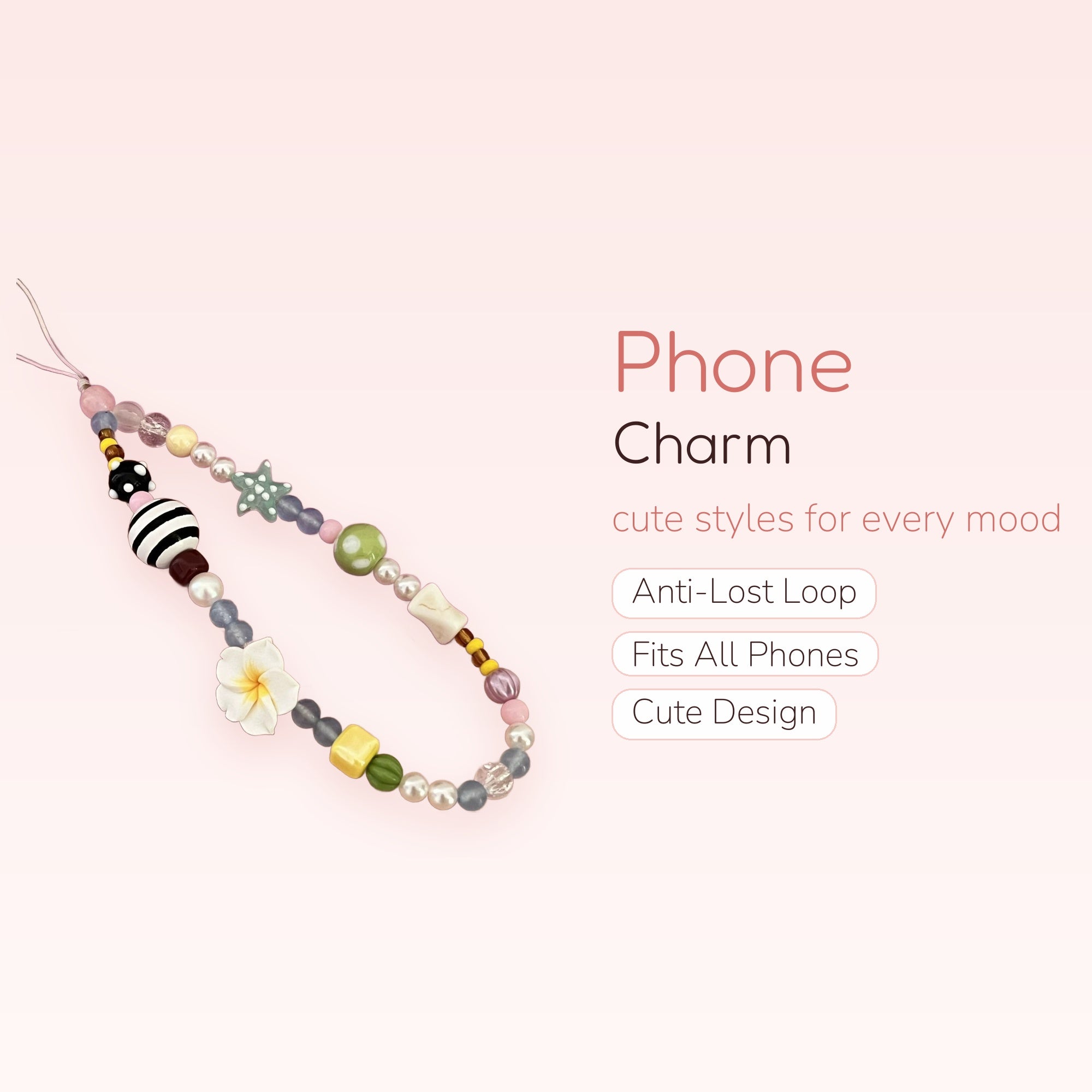 Kawaii Pastel Beaded Phone Charm Strap | Cute Pearl & Star Wrist Lanyard