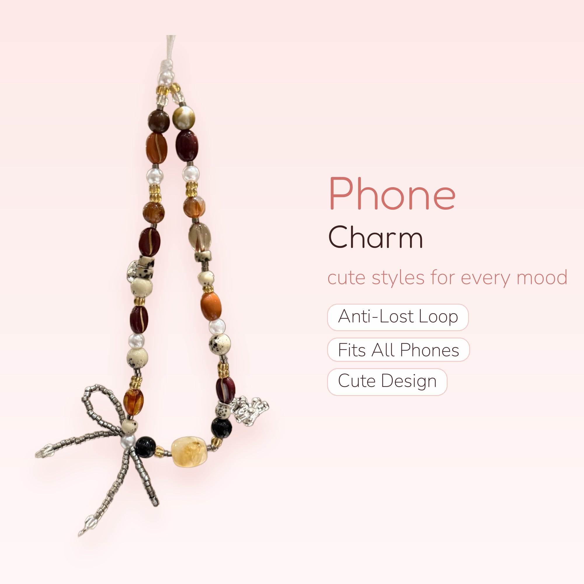 Aesthetic Earth Tone Beaded Phone Charm | Y2K Bow & Bear Wrist Strap
