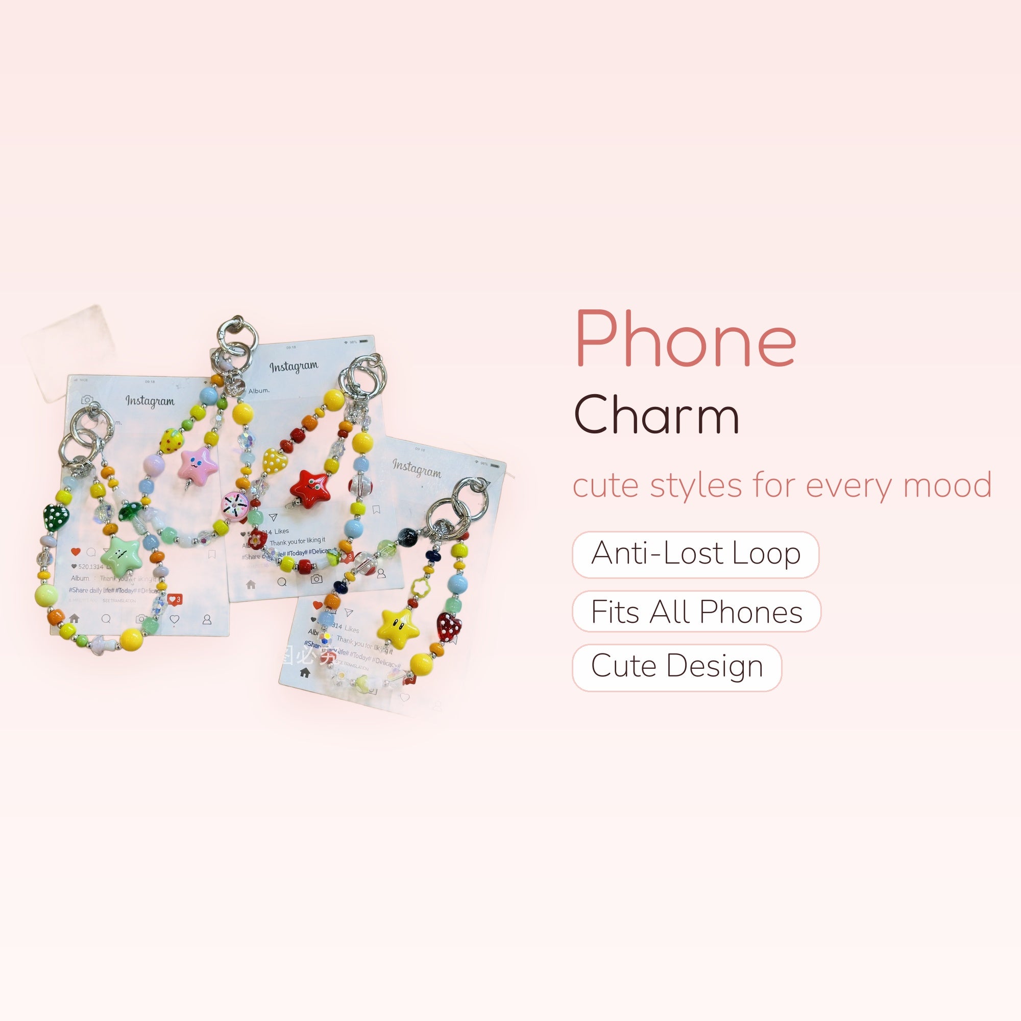 Y2K Beaded Phone Charm Strap | Kawaii Star & Fruit Wrist Lanyard