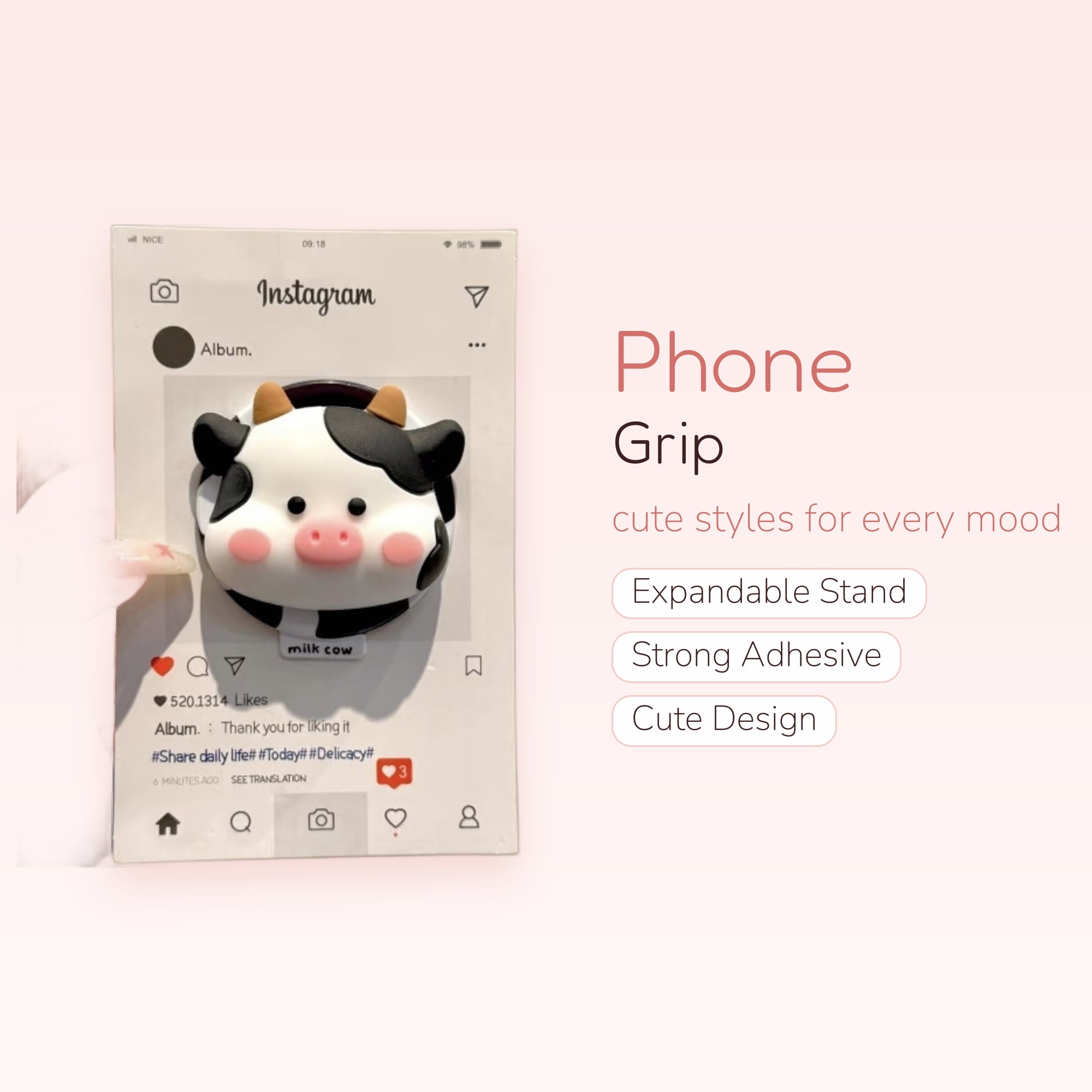 Cute Cow Phone Grip | Kawaii Black & White Animal Pop Socket Stand