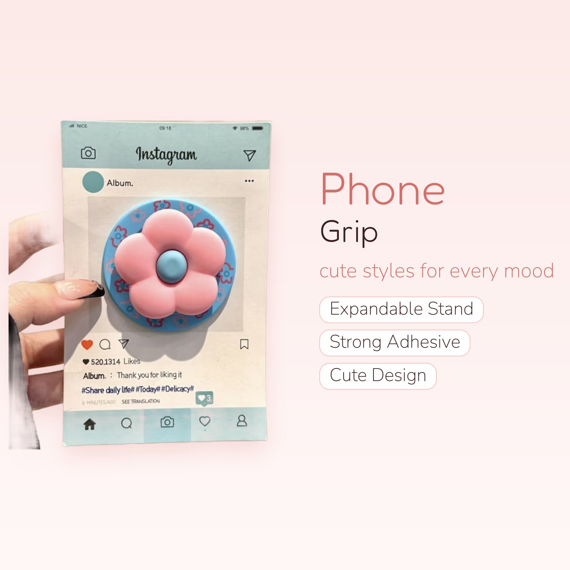 Pastel Pink & Blue Flower Phone Grip | Kawaii Floral Pop Socket Stand