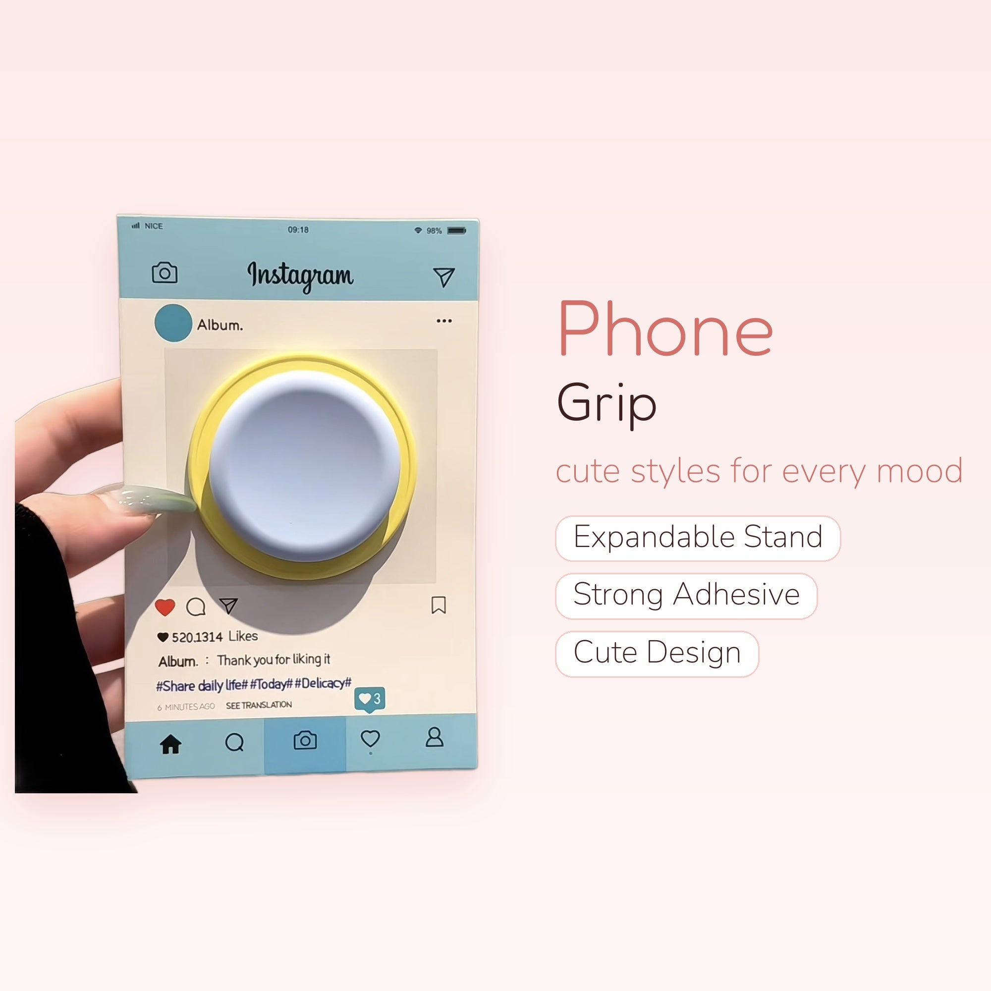 Instagram Post Design Phone Grip | Pastel Blue & Yellow Pop Socket Stand