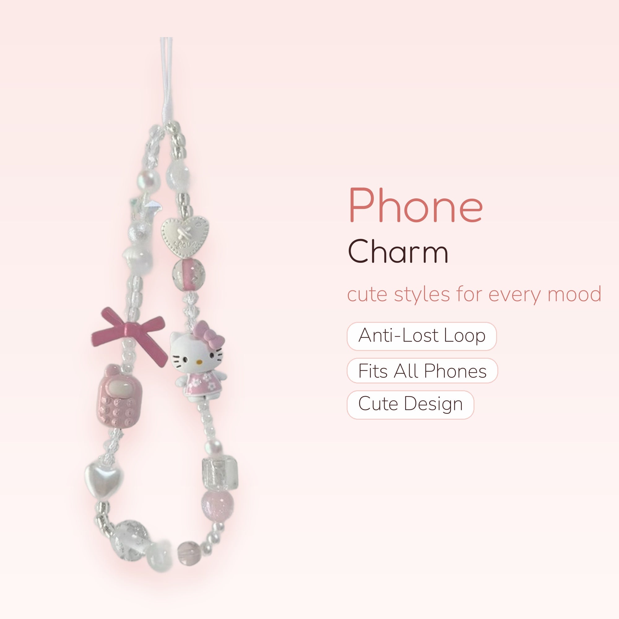 Kawaii Pink Hello Kitty & Phone Charm Strap | Pastel Beaded Wrist Lanyard