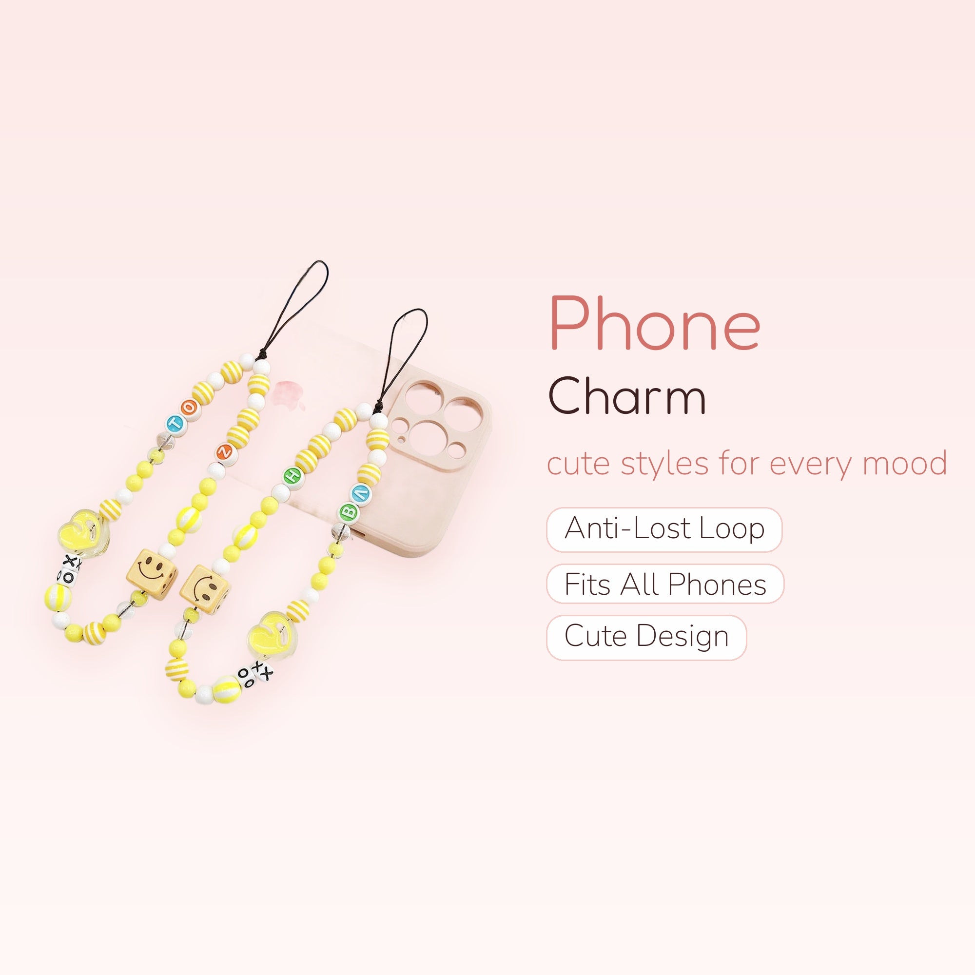 Kawaii Yellow & White Beaded Phone Charm | Cute Smiley Face & Heart Wrist Strap