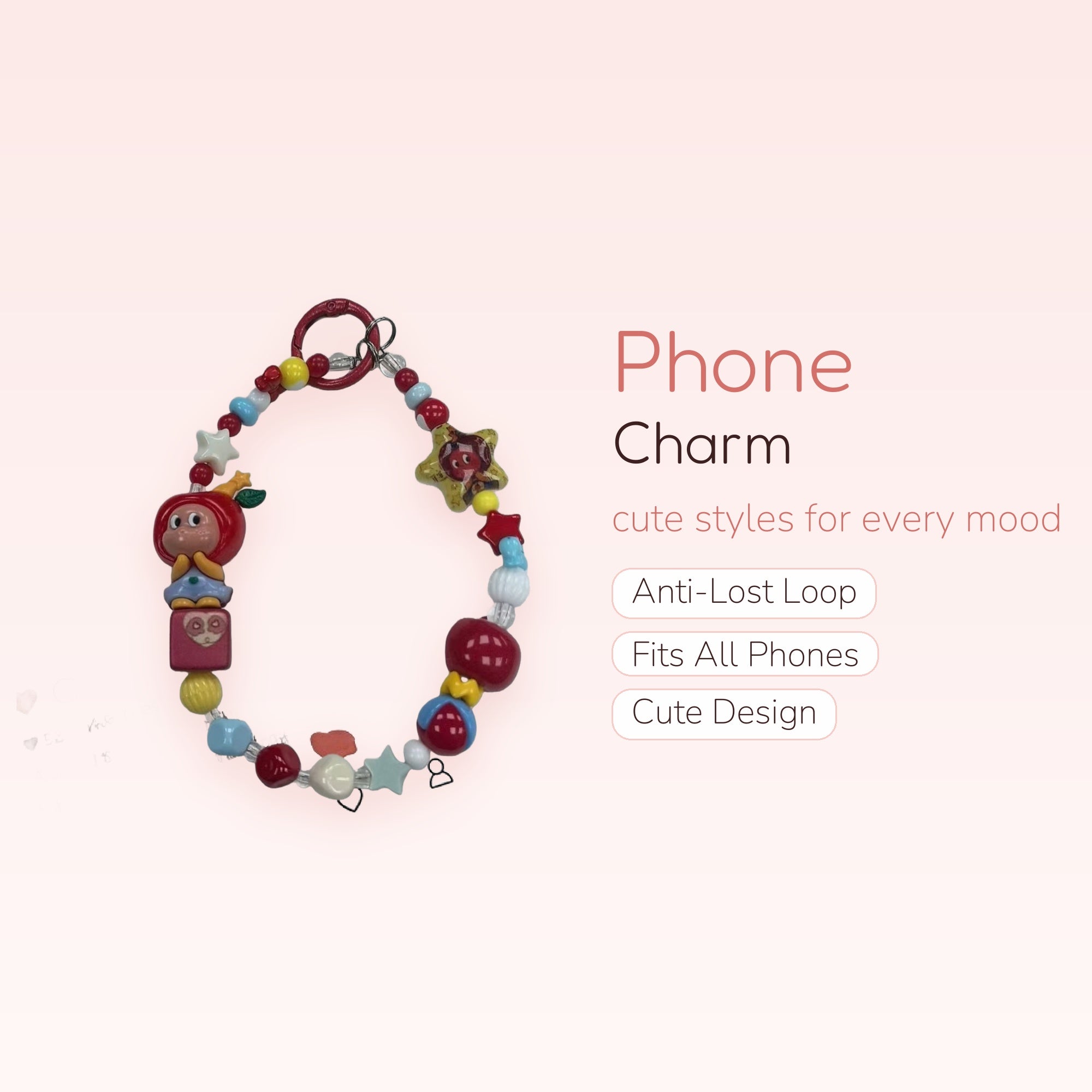 Kawaii Apple Girl & Star Beaded Phone Charm | Y2K Aesthetic Wrist Strap
