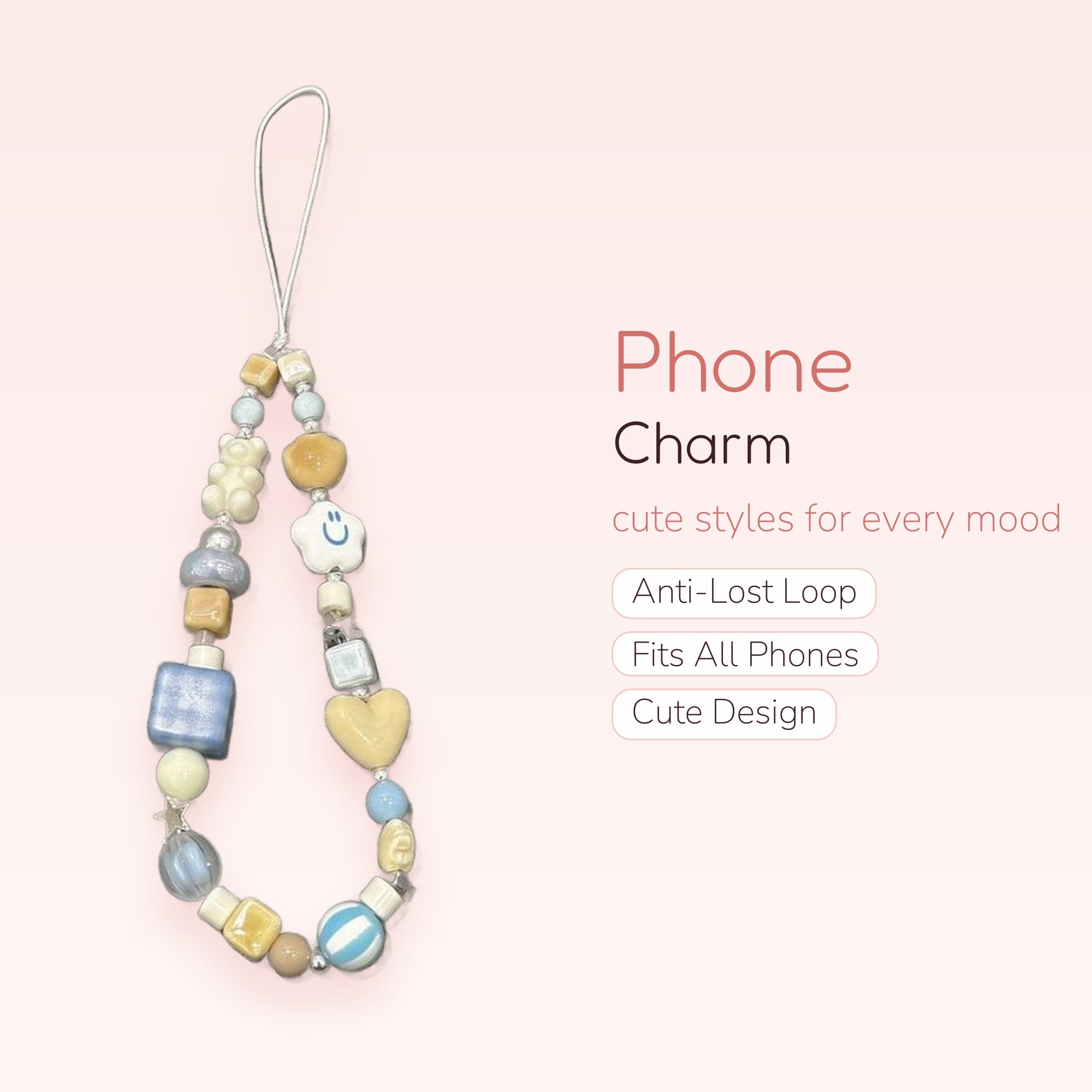 Kawaii Pastel Beaded Phone Charm Strap | Cute Bear & Star Wrist Lanyard