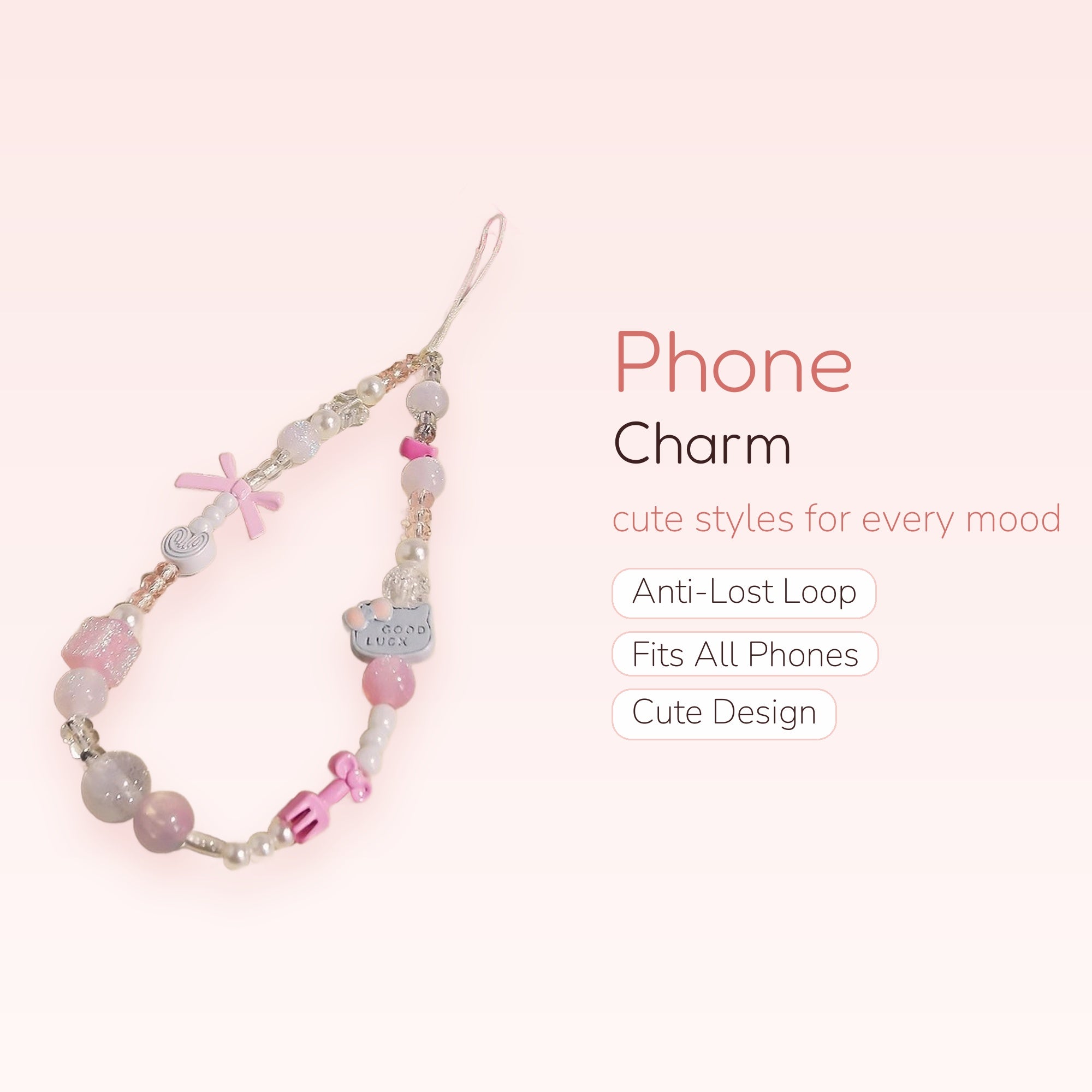 Kawaii Pastel Pink & White Beaded Phone Charm | Cute Bow & Good Luck Kitty Wrist Strap