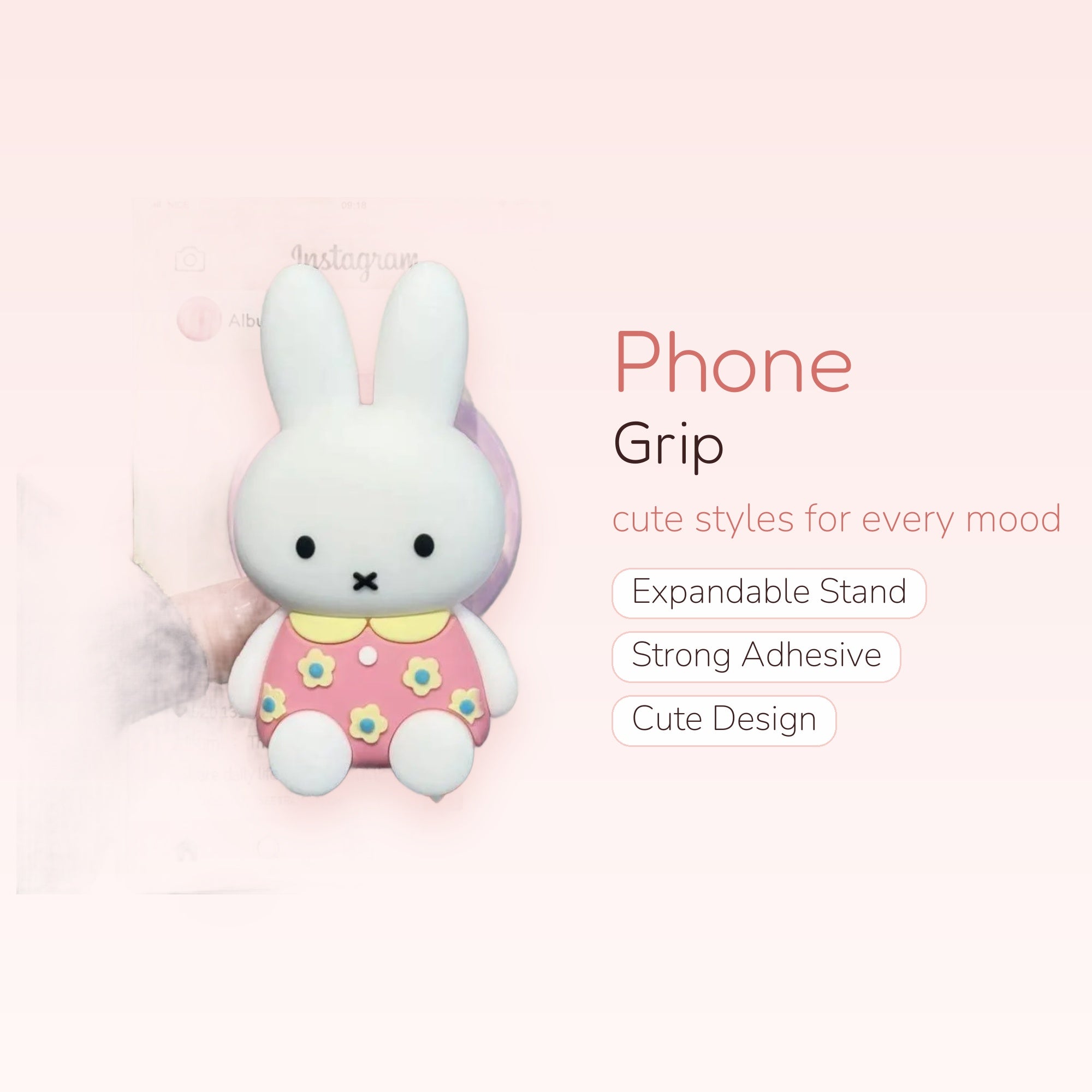 Cute Miffy Bunny Phone Grip | Pink Floral Dress Pop Socket Stand