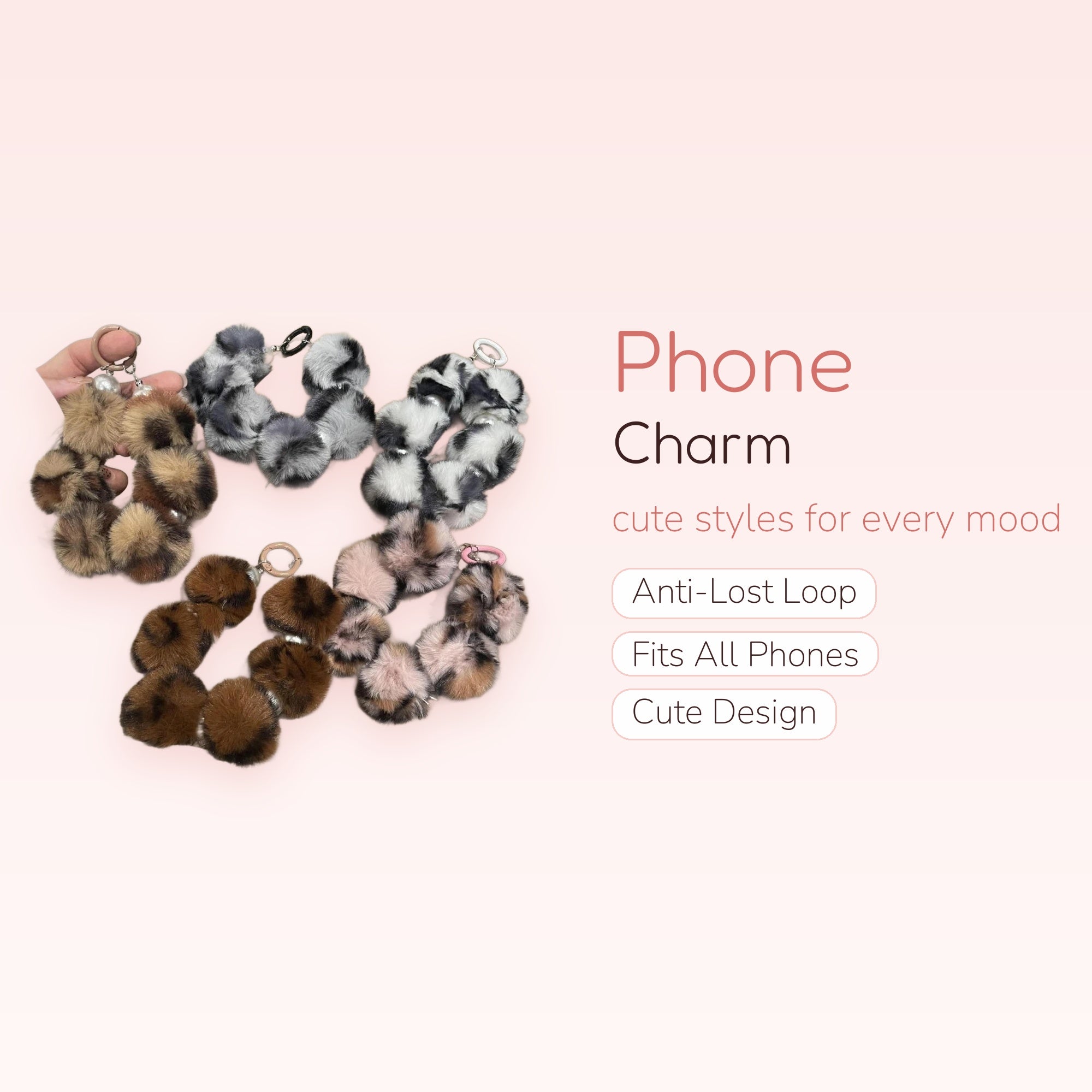 Fluffy Leopard Print Pom Pom Phone Charm | Cute Faux Fur Wrist Strap