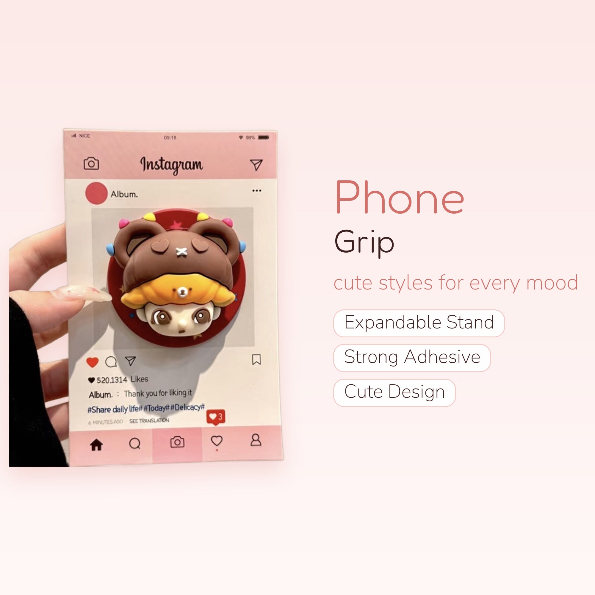 Kawaii Instagram Post Phone Grip | Cute Bear Character Pop Socket Stand