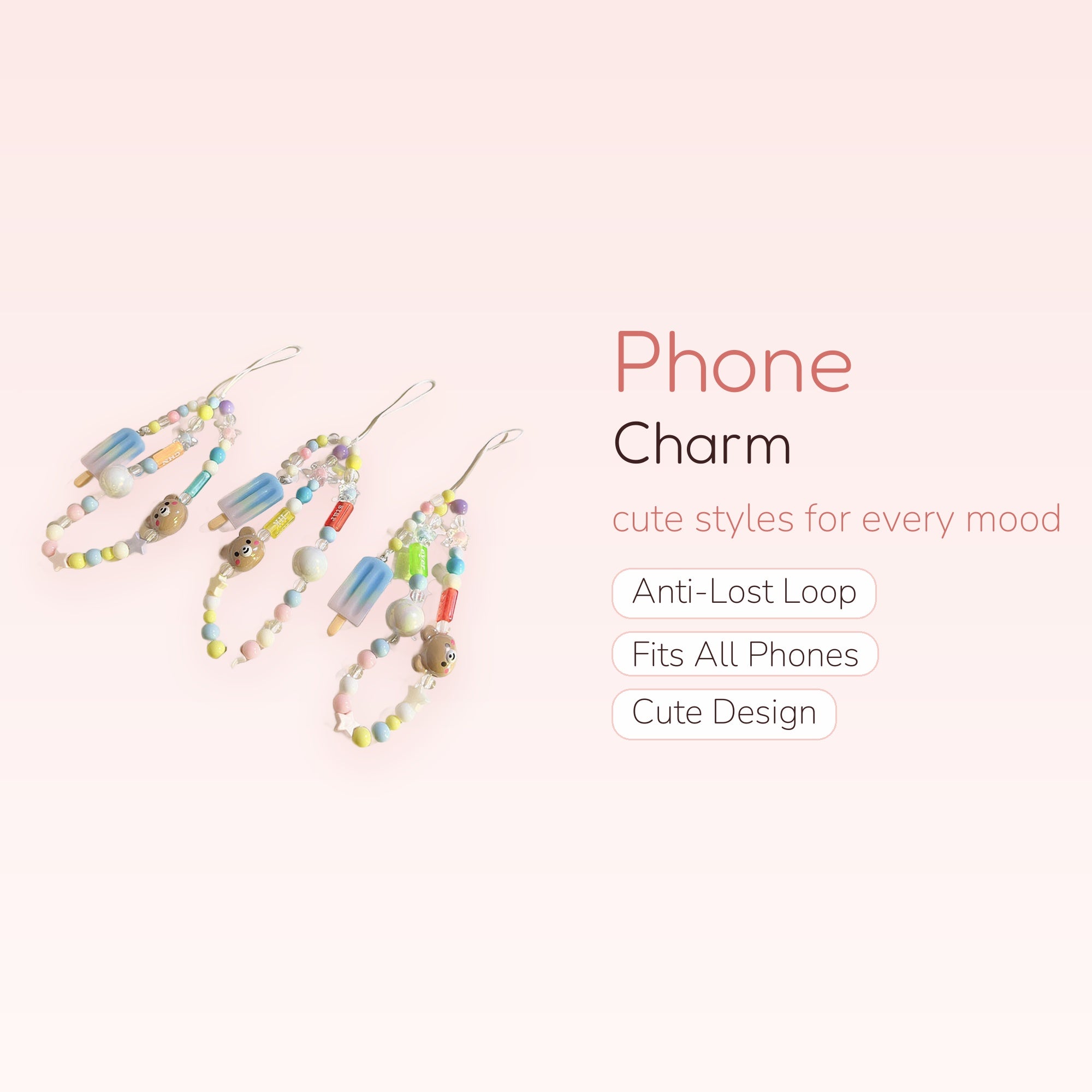 Kawaii Pastel Bear & Popsicle Phone Charm | Beaded Wrist Lanyard Strap