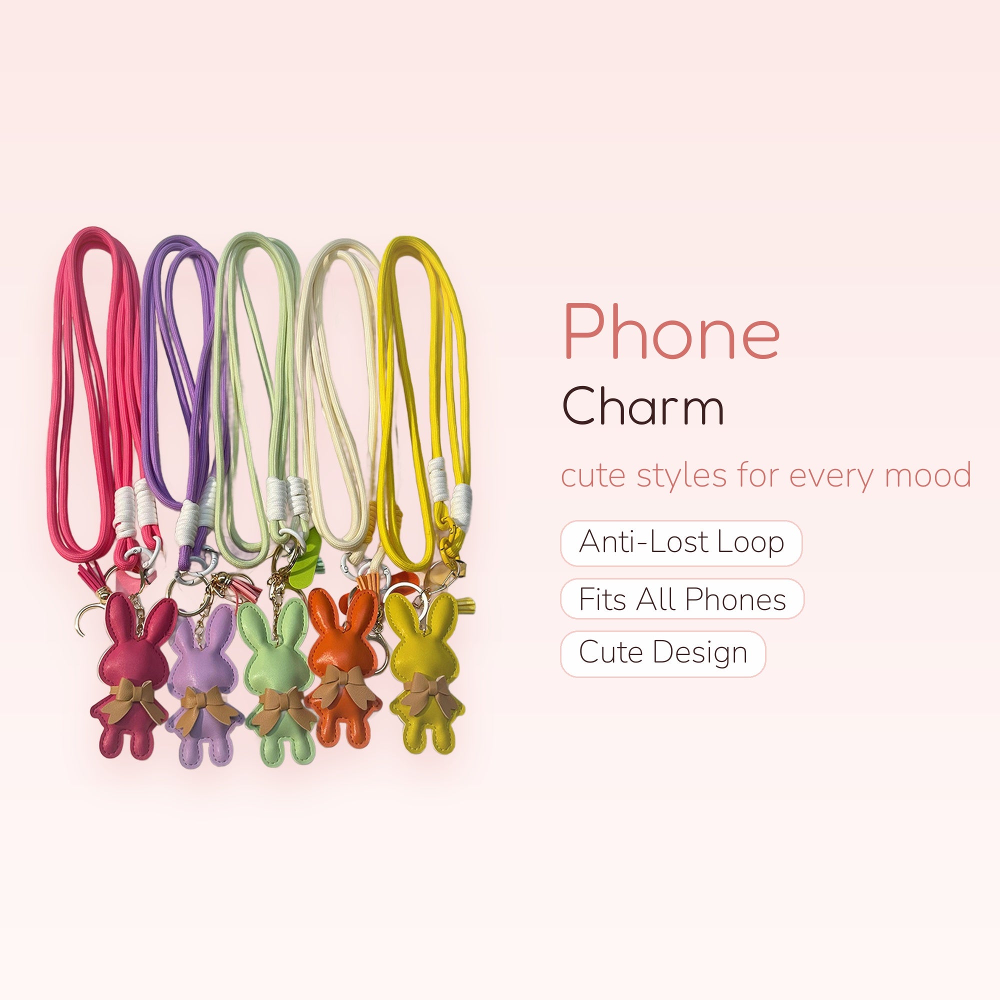 Kawaii Bunny Phone Lanyard | Pastel Faux Leather Rabbit Charm Strap
